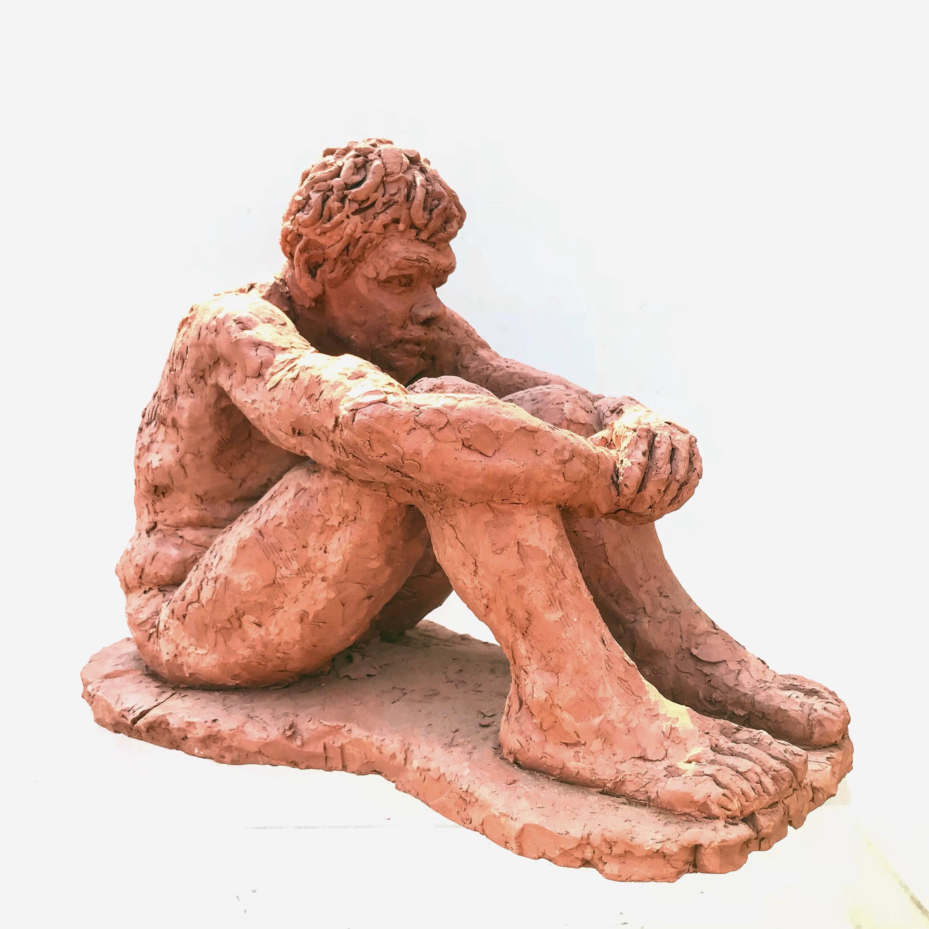 A good looking modern clay sculpture of a seated young man. Great movement and scale throughout the work. The subject, slightly consumed in thought is captivating. 
Signed, 