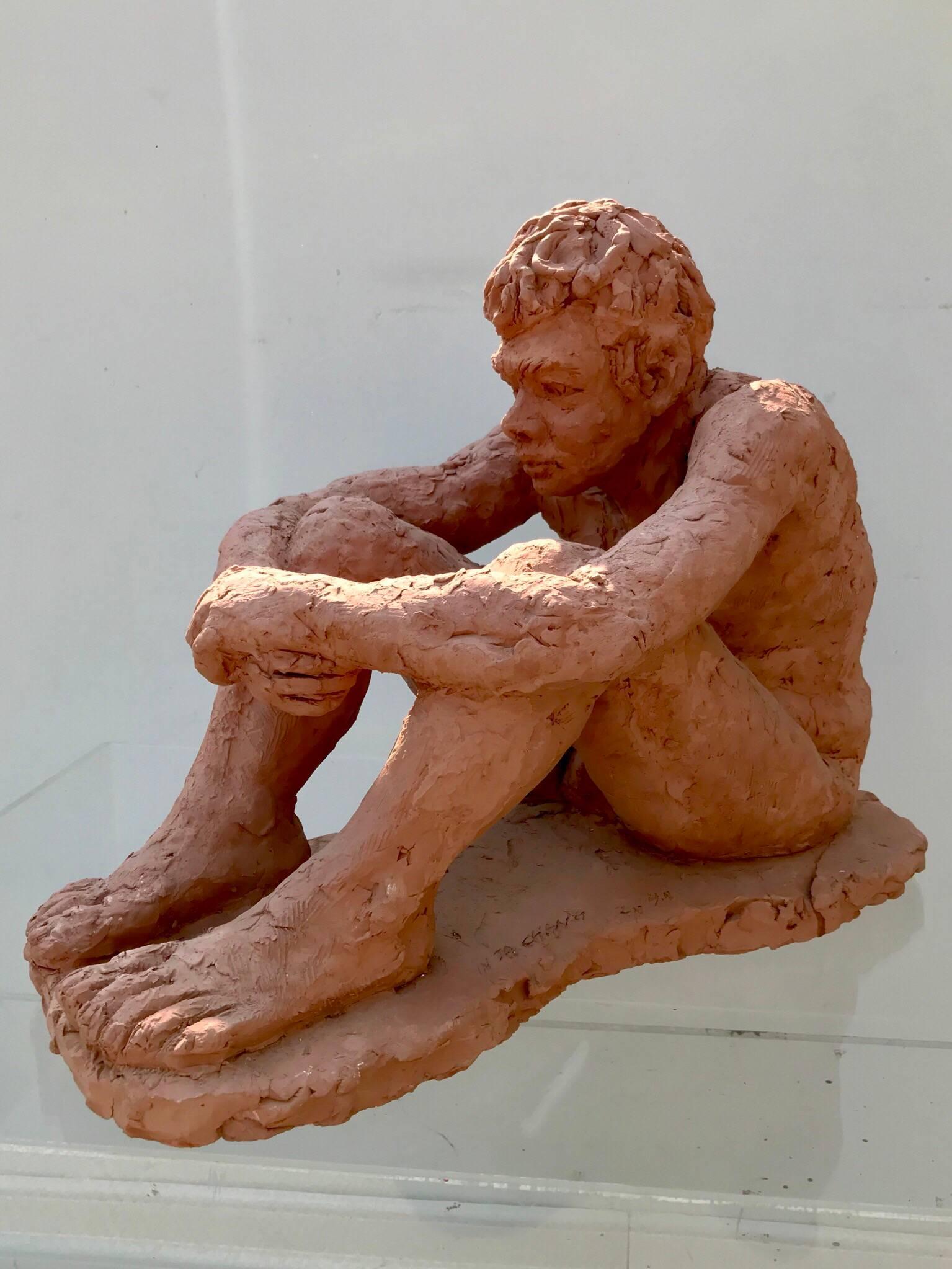 American Figurative Clay Sculpture of a Seated Man For Sale