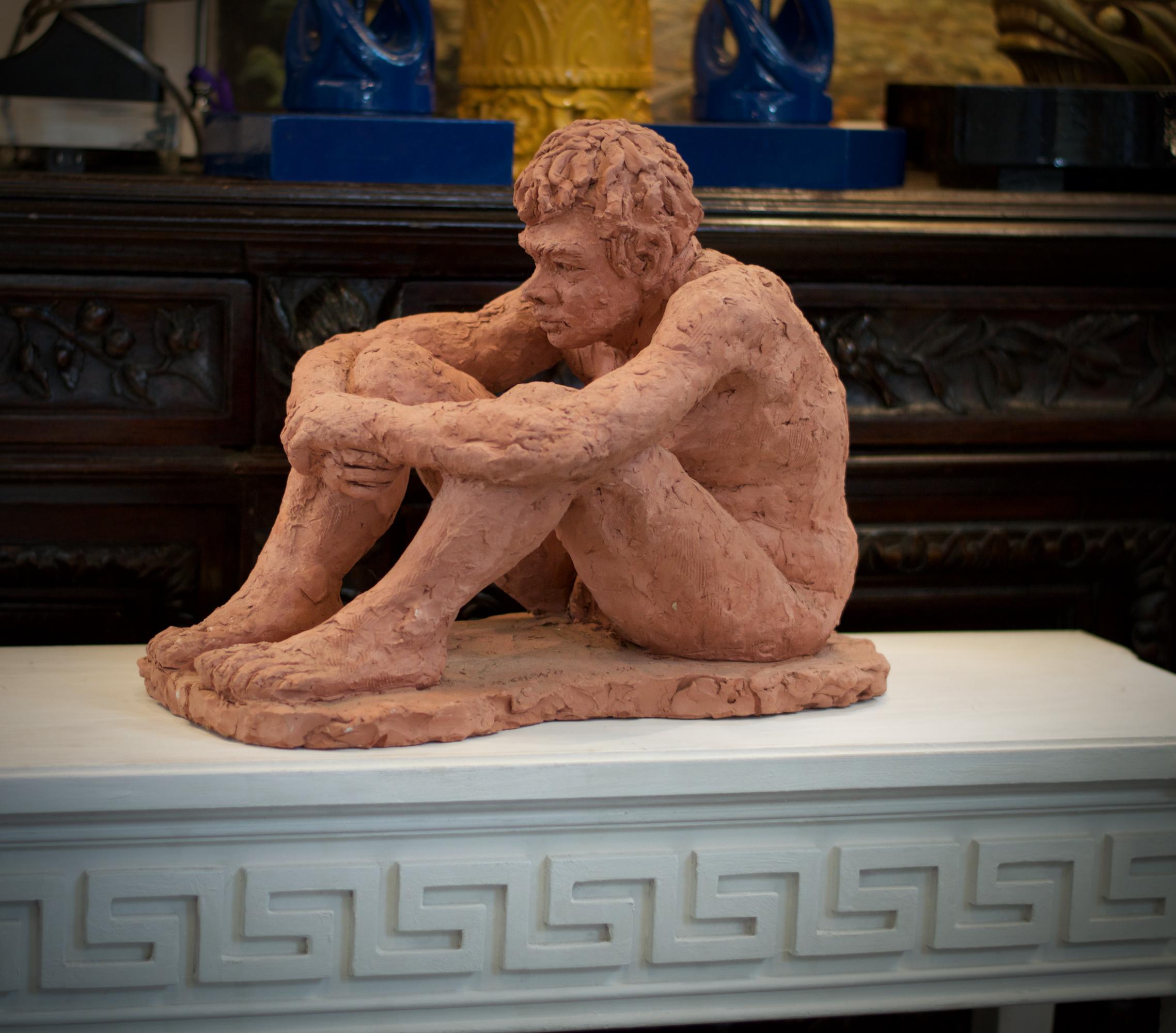 Modern Figurative Clay Sculpture of a Seated Man For Sale