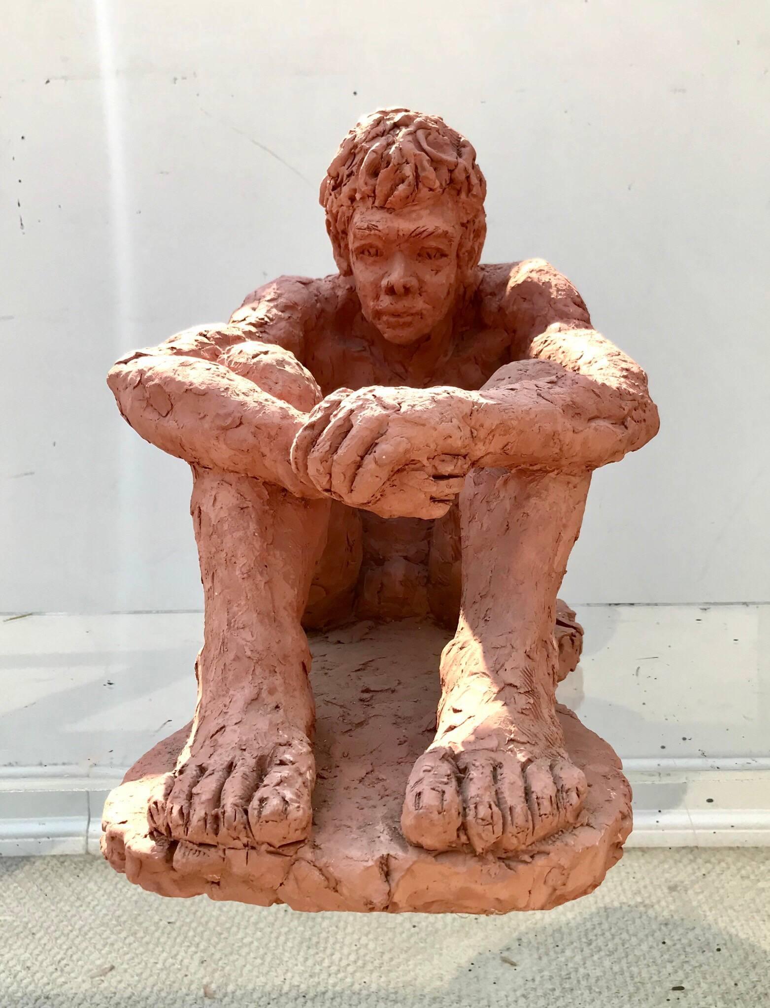 Fired Figurative Clay Sculpture of a Seated Man For Sale