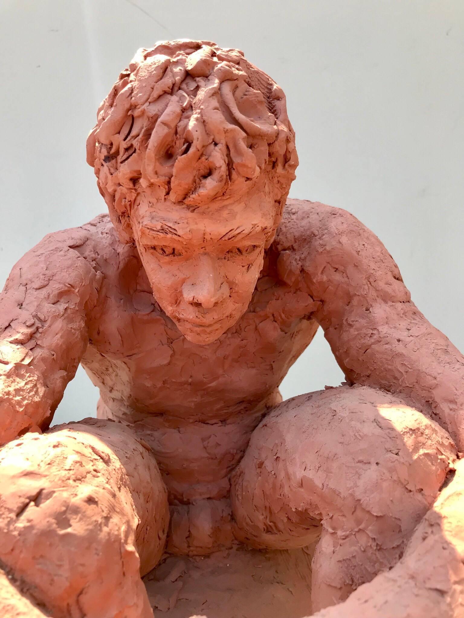 20th Century Figurative Clay Sculpture of a Seated Man For Sale