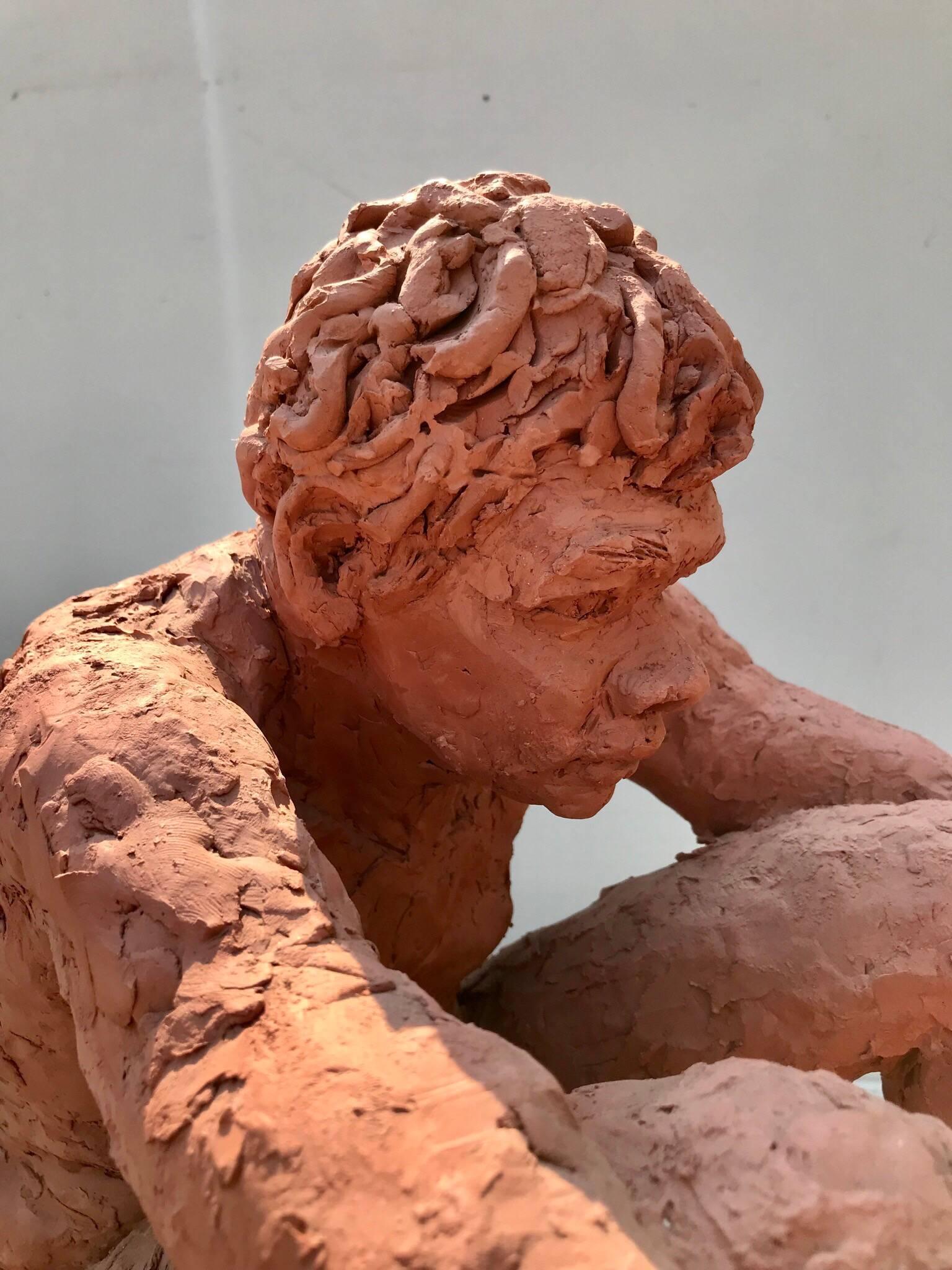 Figurative Clay Sculpture of a Seated Man For Sale 2