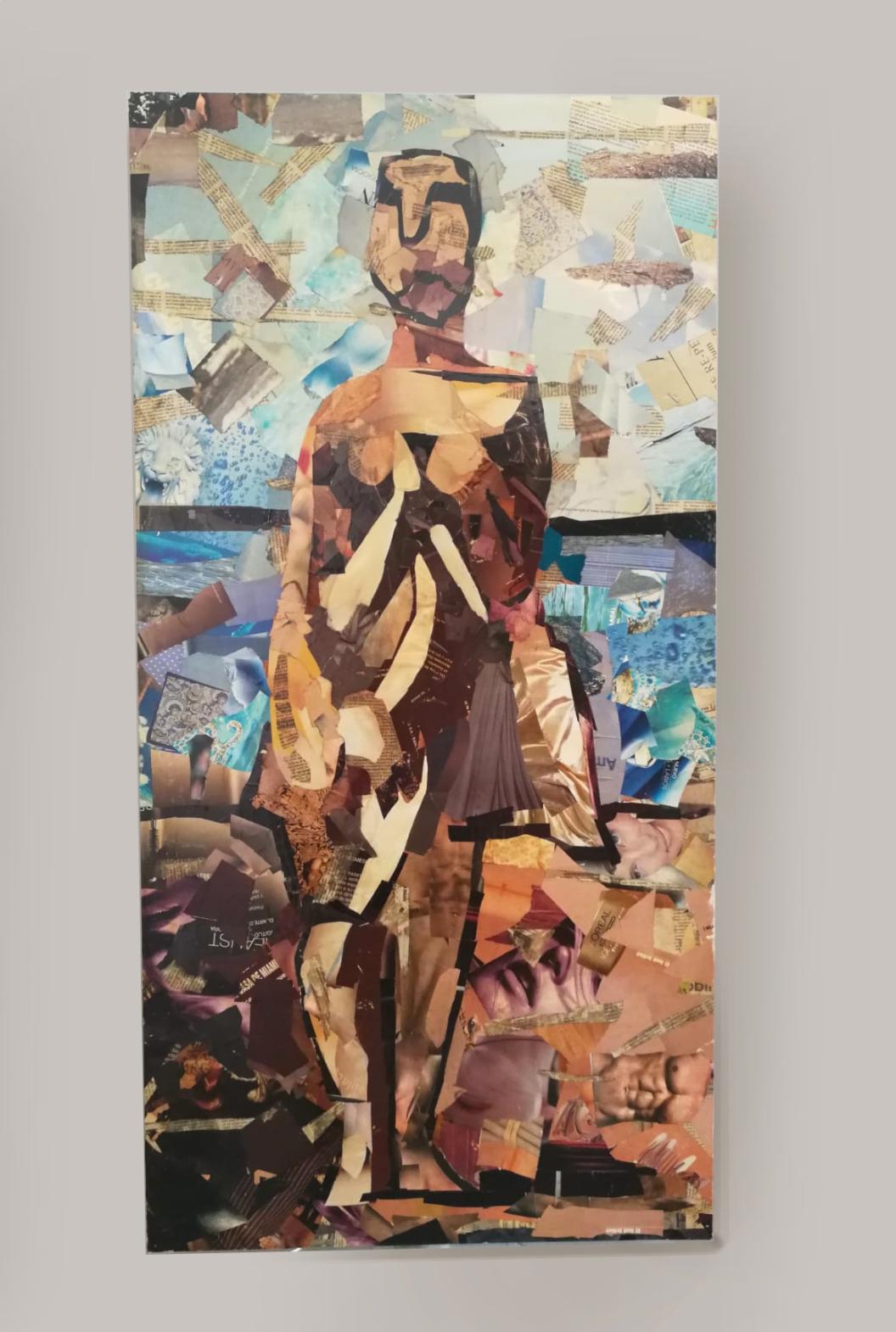 Díptico figurativo de arte collage sobre madera, firmado Siglo XXI y contemporáneo en venta
