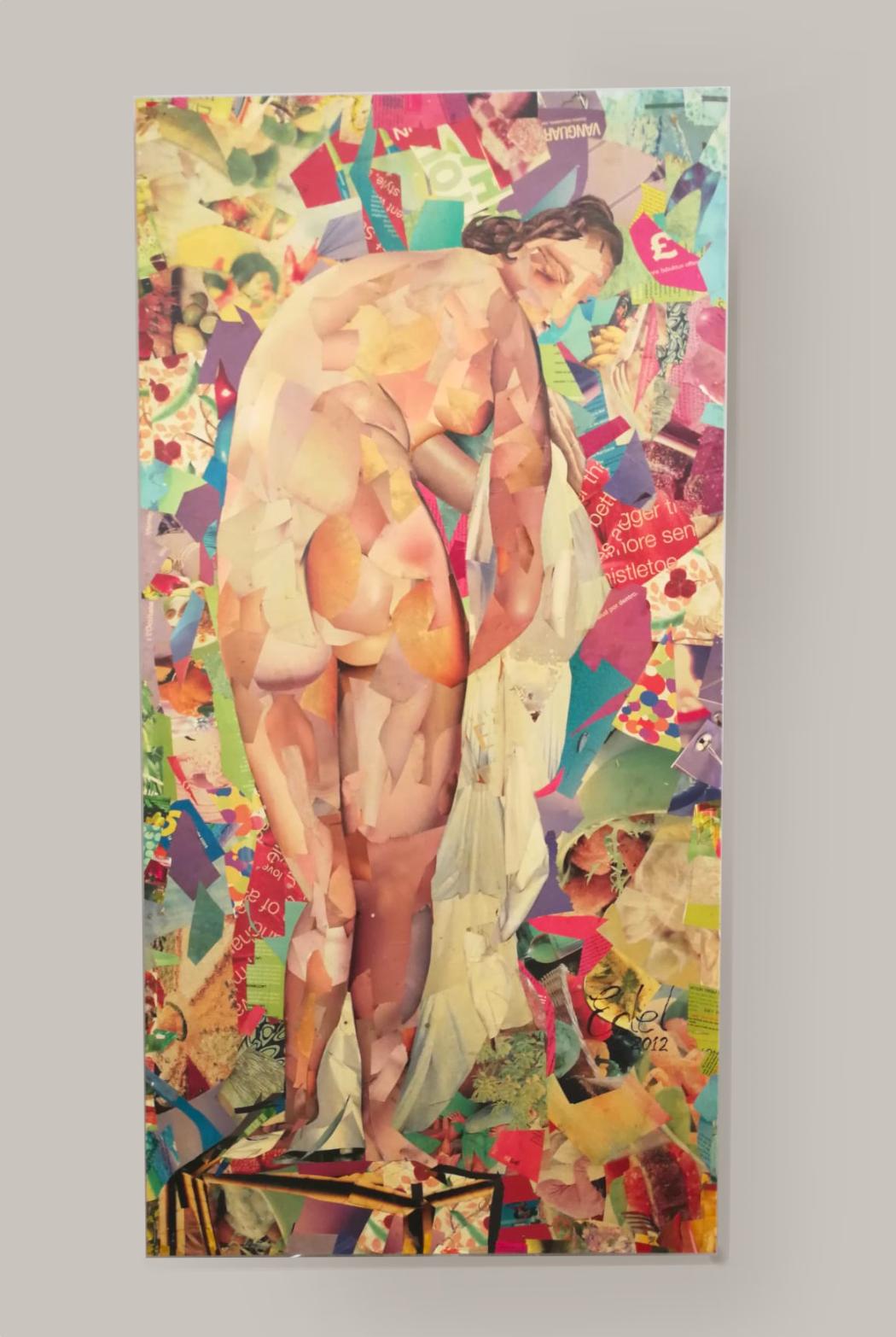 Díptico figurativo de arte collage sobre madera, firmado en venta 1