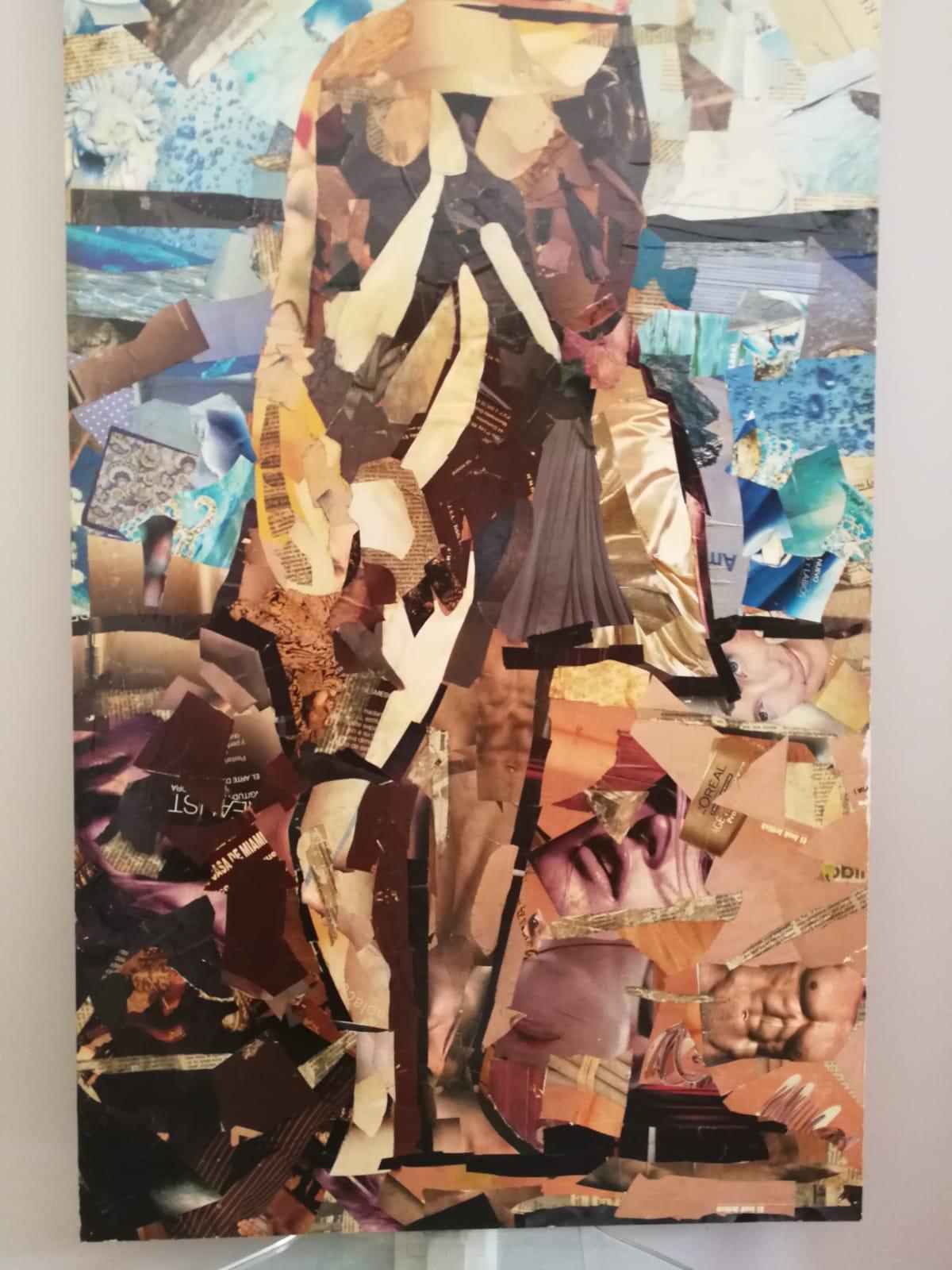 Díptico figurativo de arte collage sobre madera, firmado en venta 2