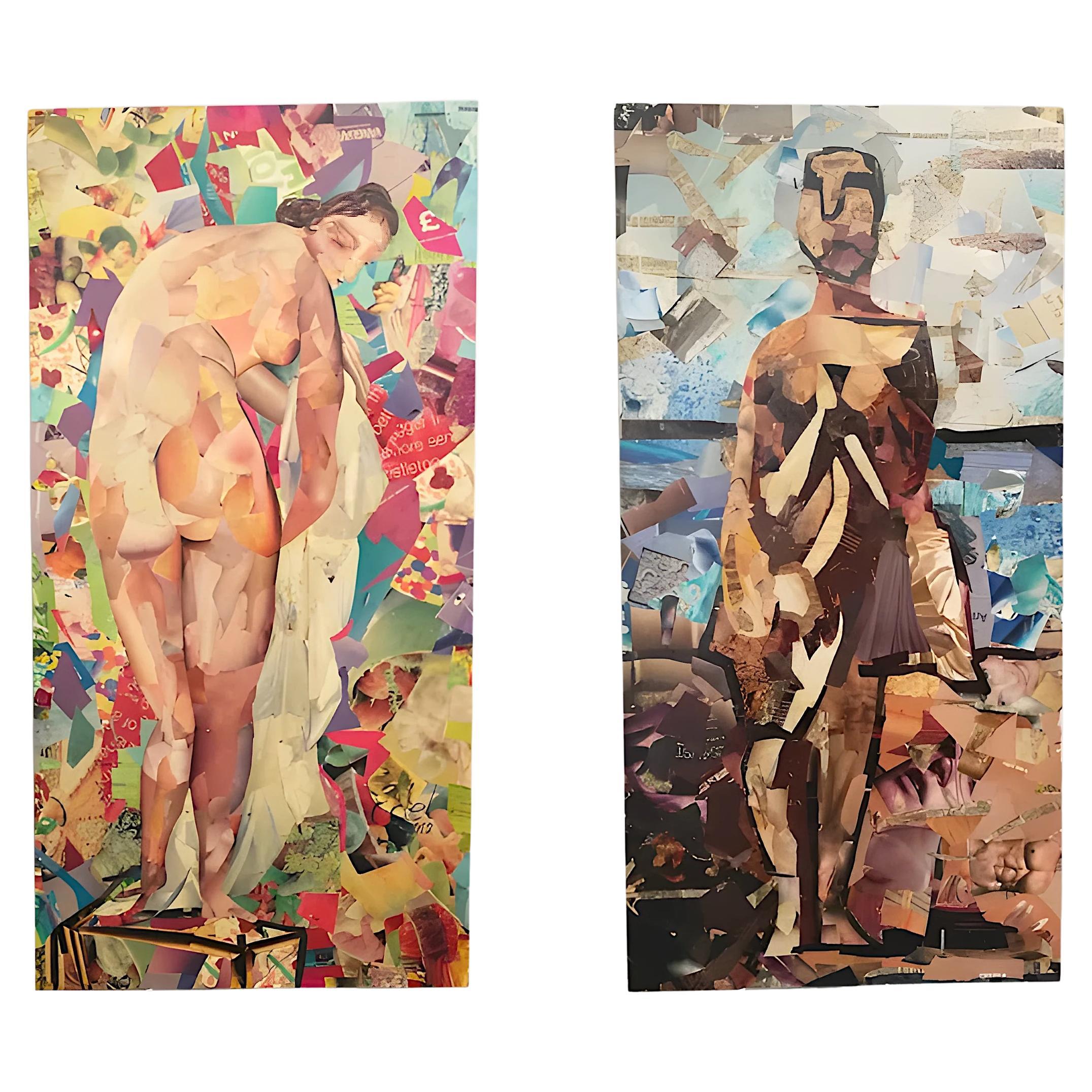 Dittico figurativo di collage su legno, firmato