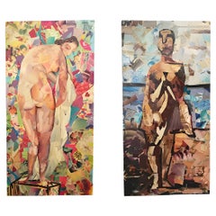 Dittico figurativo di collage su legno, firmato