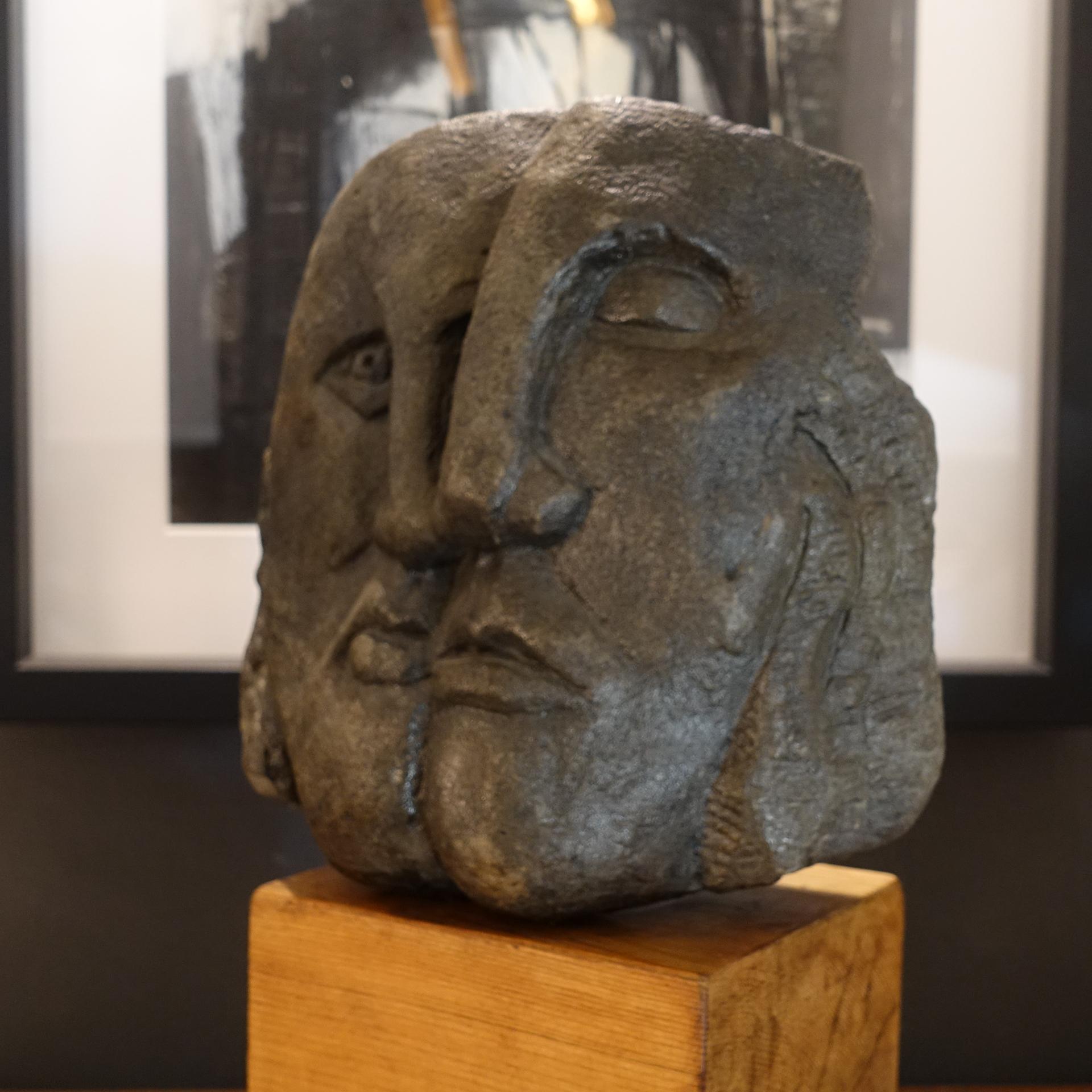 Modern Figurative Concrete Sculpture Picasso Style, Wood Base, Italy, circa 1980s