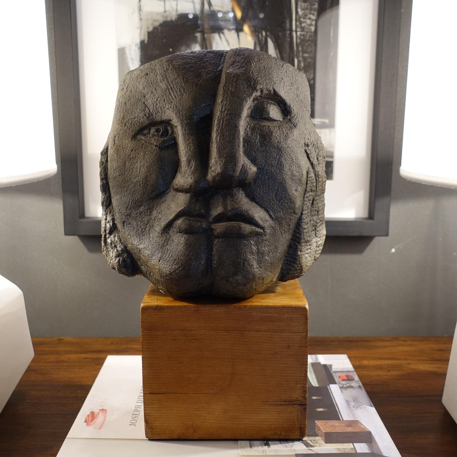Late 20th Century Figurative Concrete Sculpture Picasso Style, Wood Base, Italy, circa 1980s