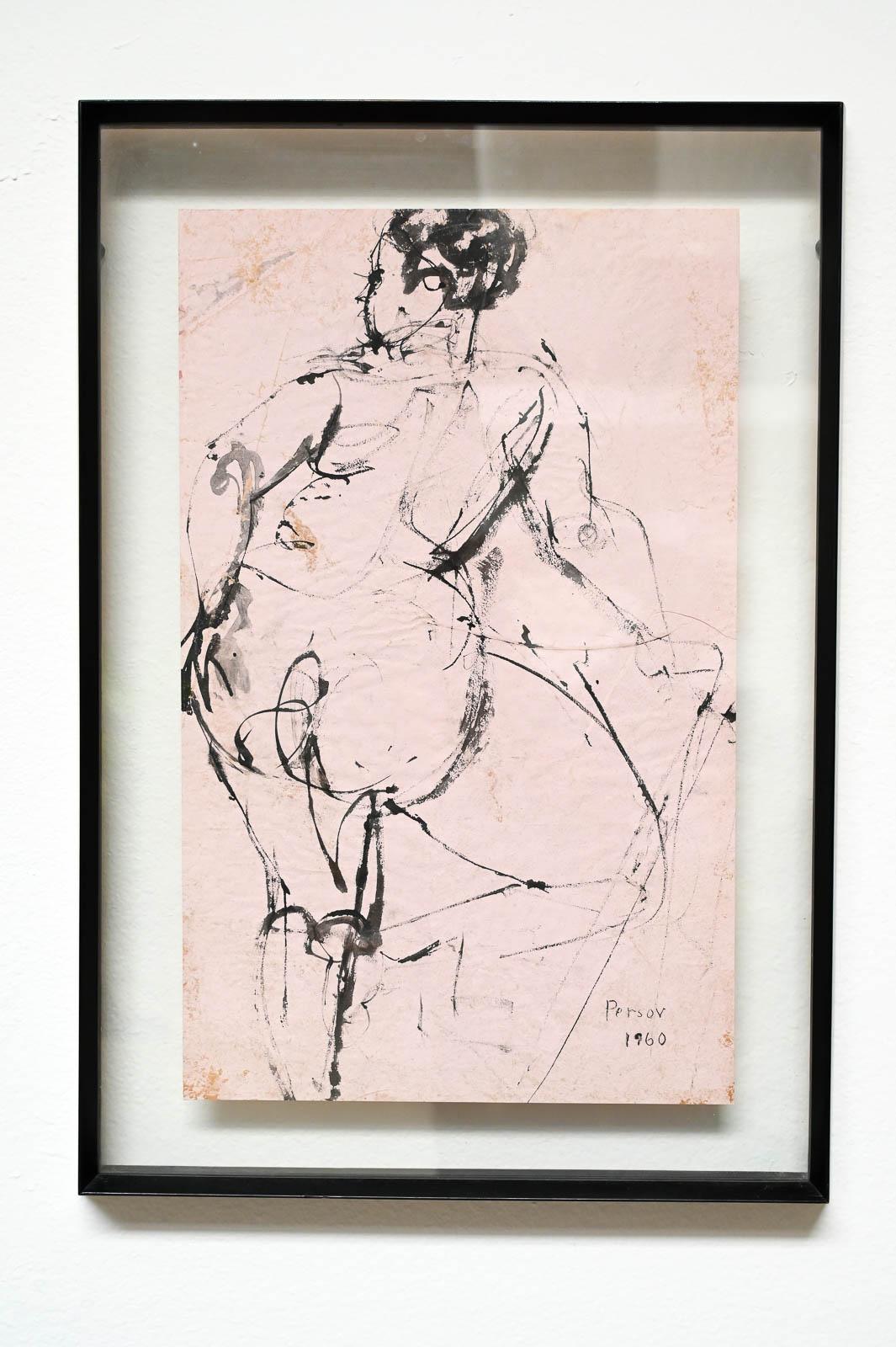 Figurative Etching by Ann Marie Persov, 1960.  Framed in original floating glass frame, this beautiful figurative aquatint etching is a great size for any intimate space.  Ms. Persov was a resident of Orange County, CA.

Measures 17