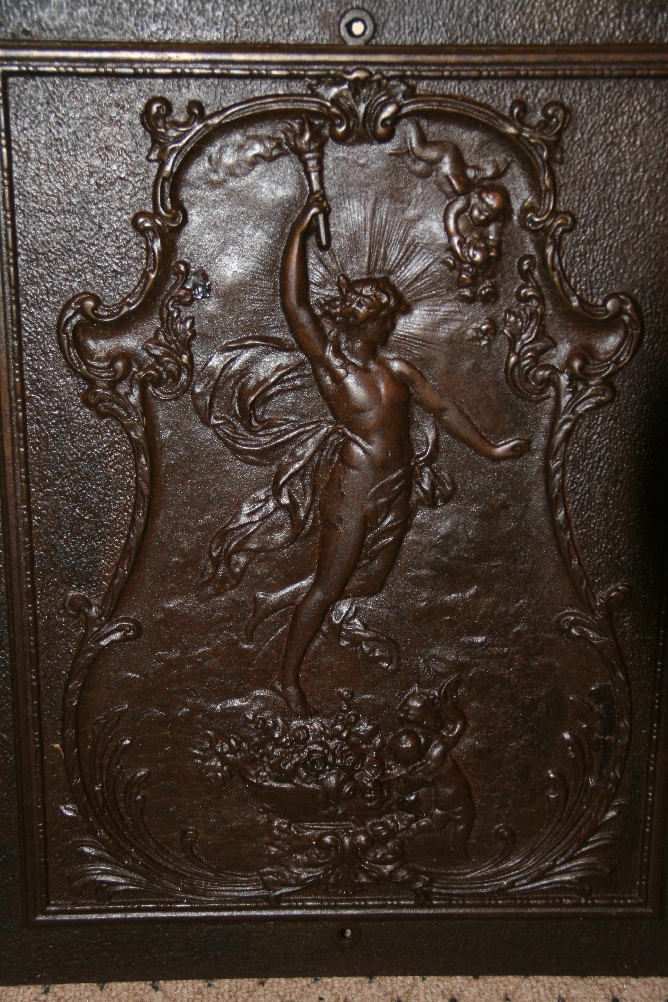 Antique English Figurative Fireback with Matching Fireplace Surround For Sale 9
