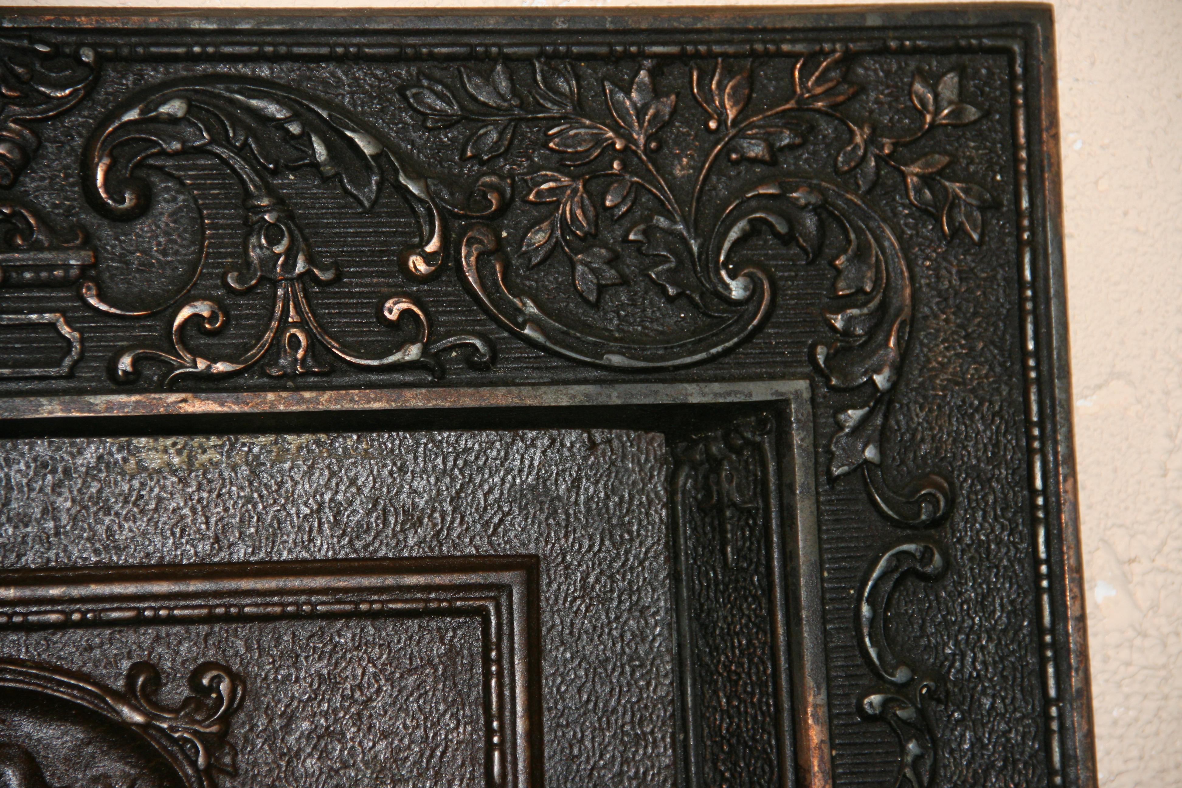 Antique English Figurative Fireback with Matching Fireplace Surround For Sale 1
