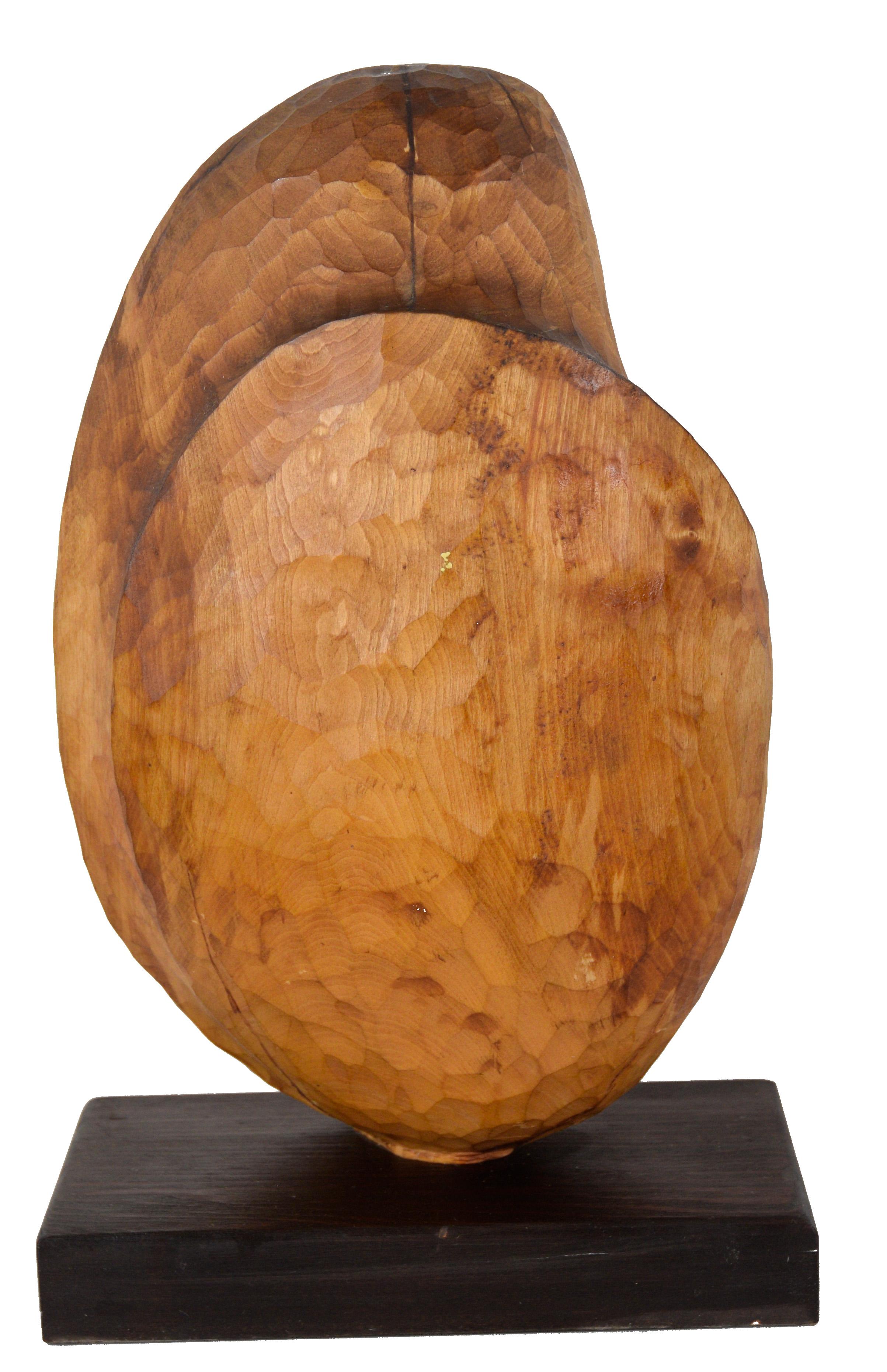 Figurative Hand Carved Wood Sculpture - Juneau, Alaska 1984

Hand carved wooden sculpture, presented on a dark wooden base. The sculpture is somewhat figural, but rather abstract. There is a pleasing proportionality to the piece. It straddles the