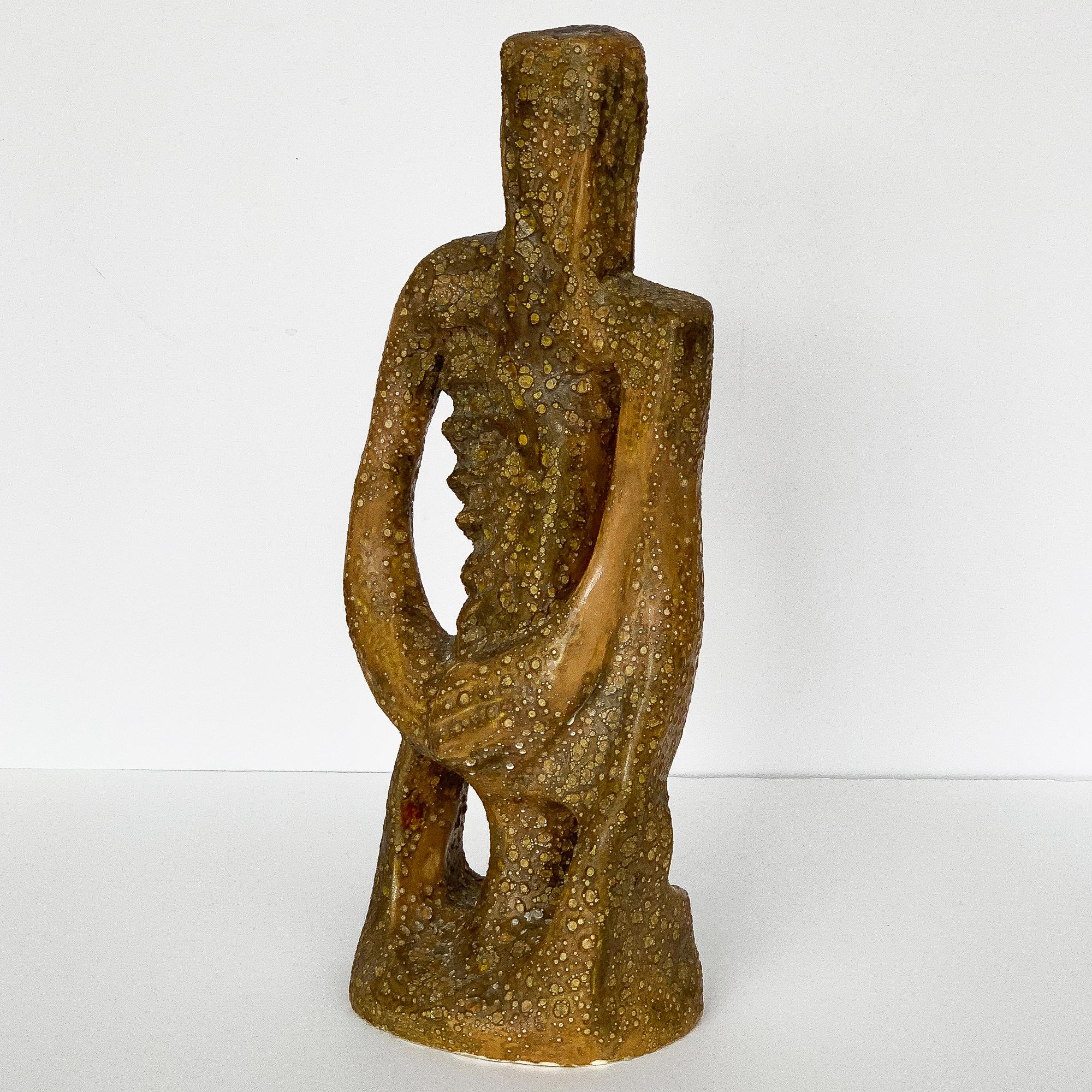 Mid-Century Modern Figurative Male Abstract Lava Glaze Ceramic Sculpture, Signed 1961