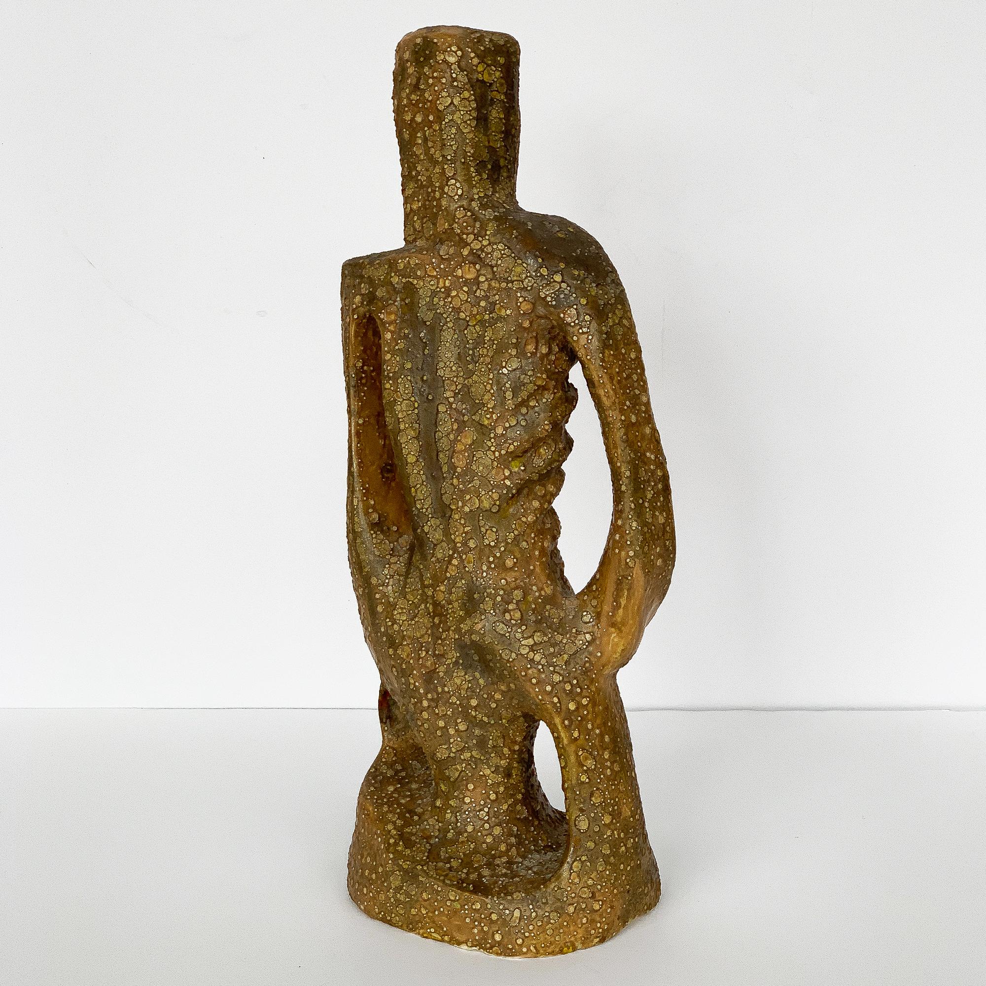 Figurative Male Abstract Lava Glaze Ceramic Sculpture, Signed 1961 In Good Condition In Chicago, IL