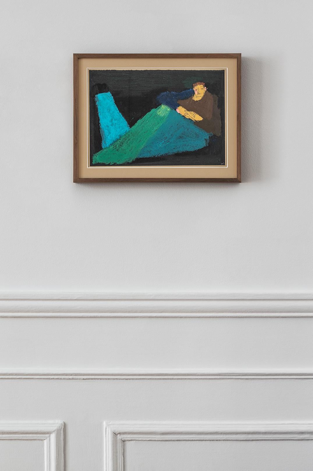Scandinavian Modern Figurative Modern Oil Pastel Green Painting Danish Portrait of resting man II
