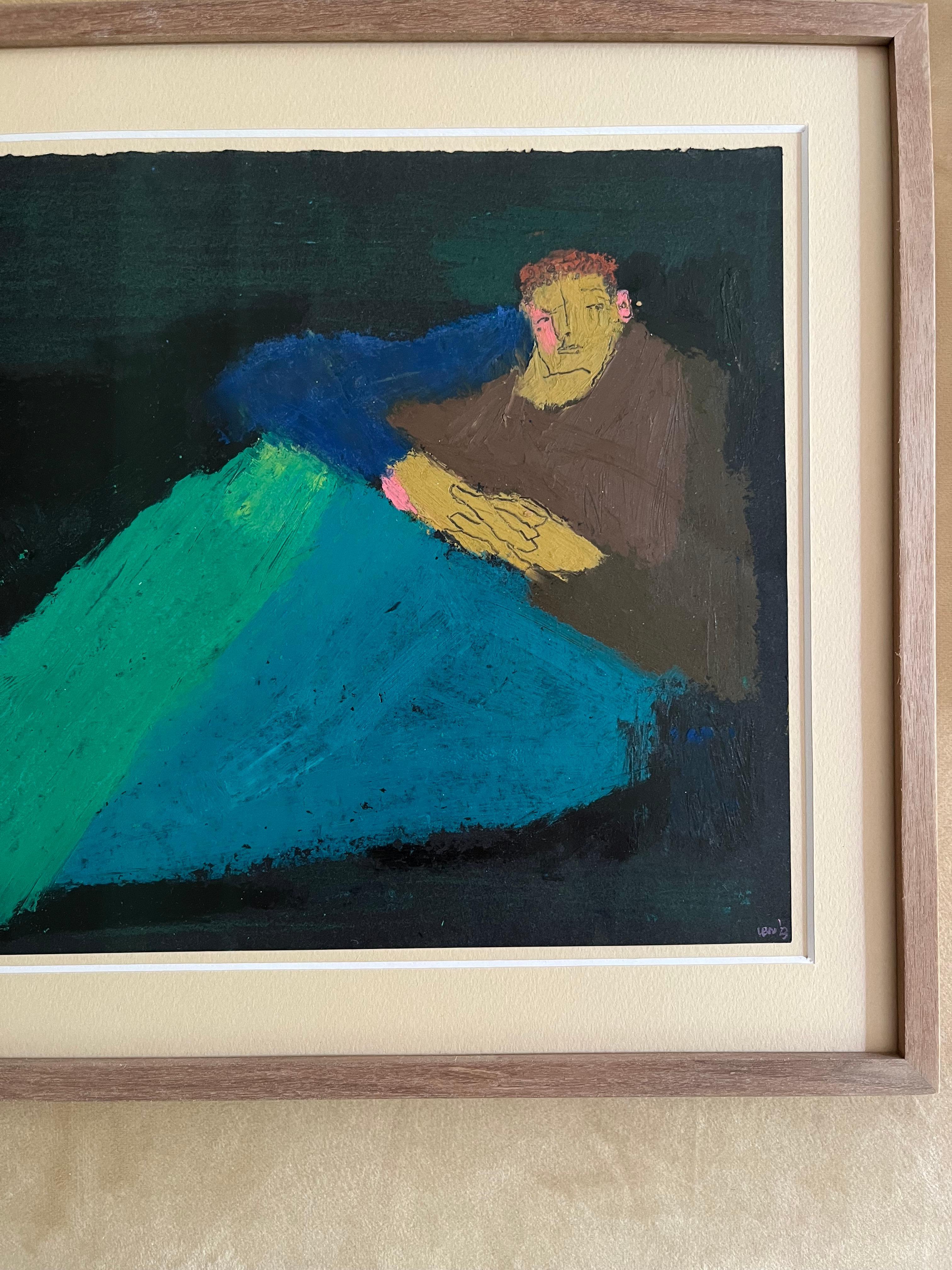 Hand-Painted Figurative Modern Oil Pastel Green Painting Danish Portrait of resting man II