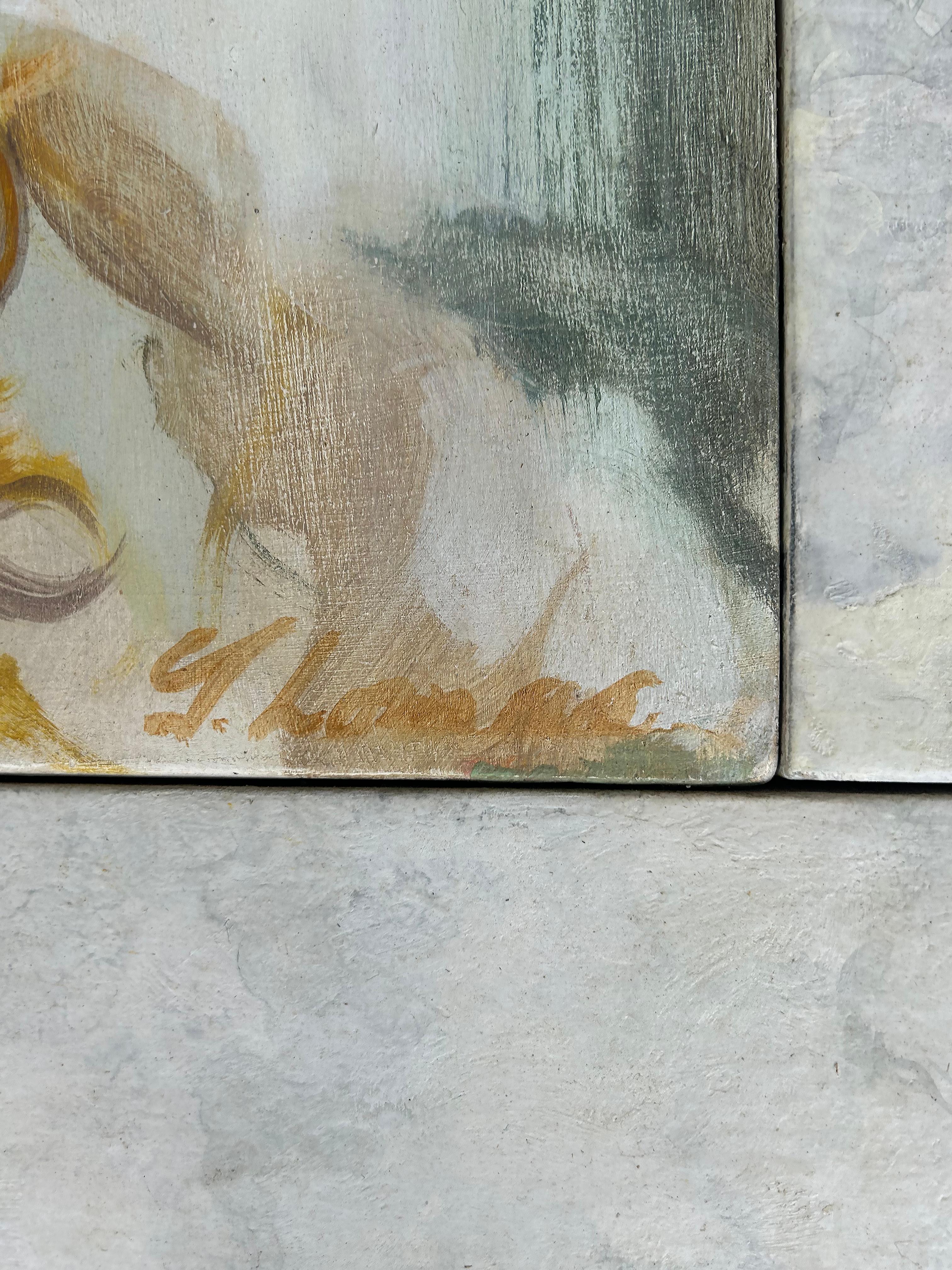 Figurative neoklassische Malerei von Gloria Lomas Kubanisch-amerikanische Künstlerin auf Holz (Handbemalt) im Angebot