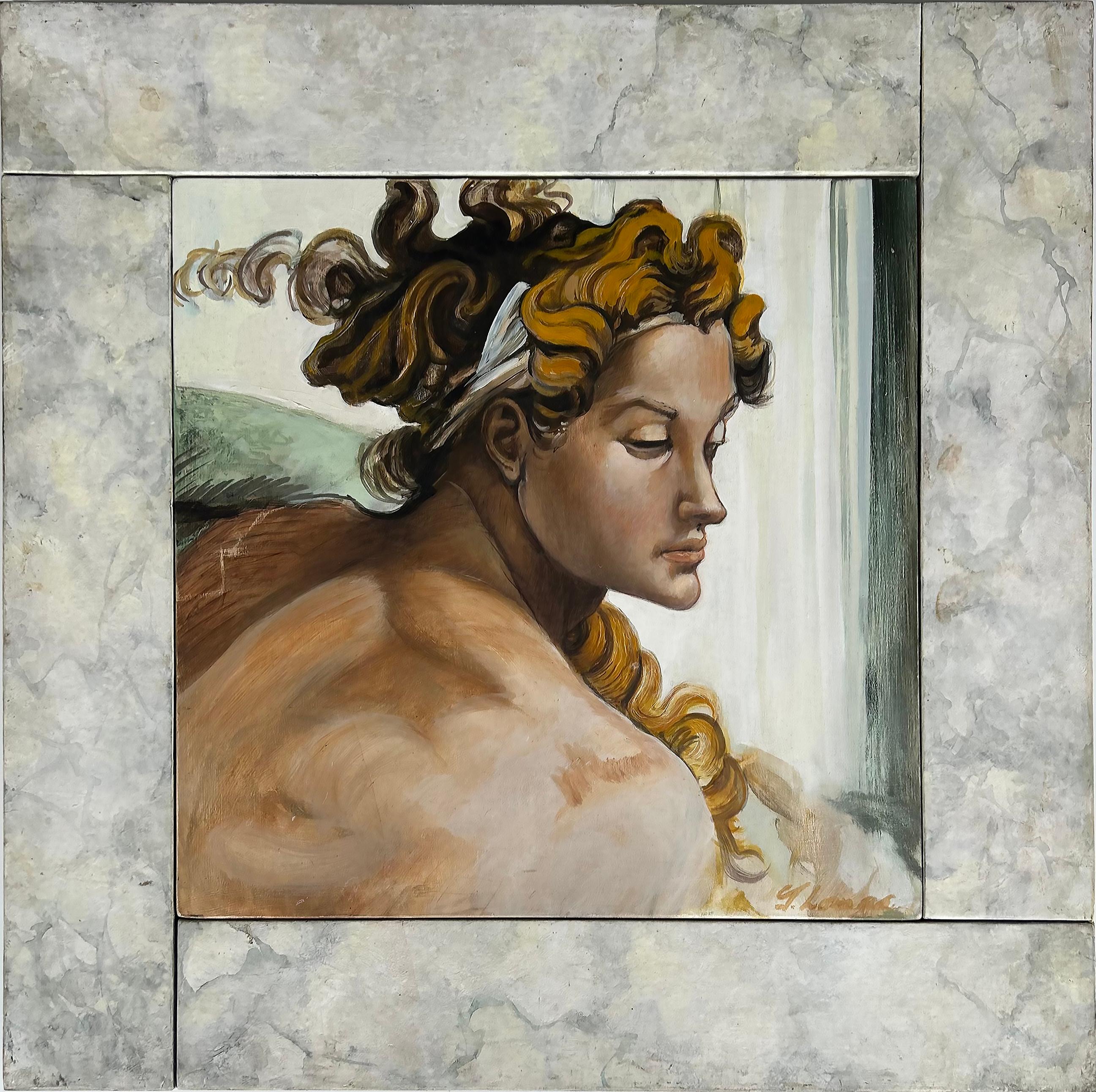 Figurative neoklassische Malerei von Gloria Lomas Kubanisch-amerikanische Künstlerin auf Holz im Zustand „Gut“ im Angebot in Miami, FL