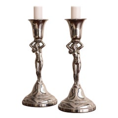 Figurative Nude Chrome Candlesticks by Krome Kraft Farber Bros