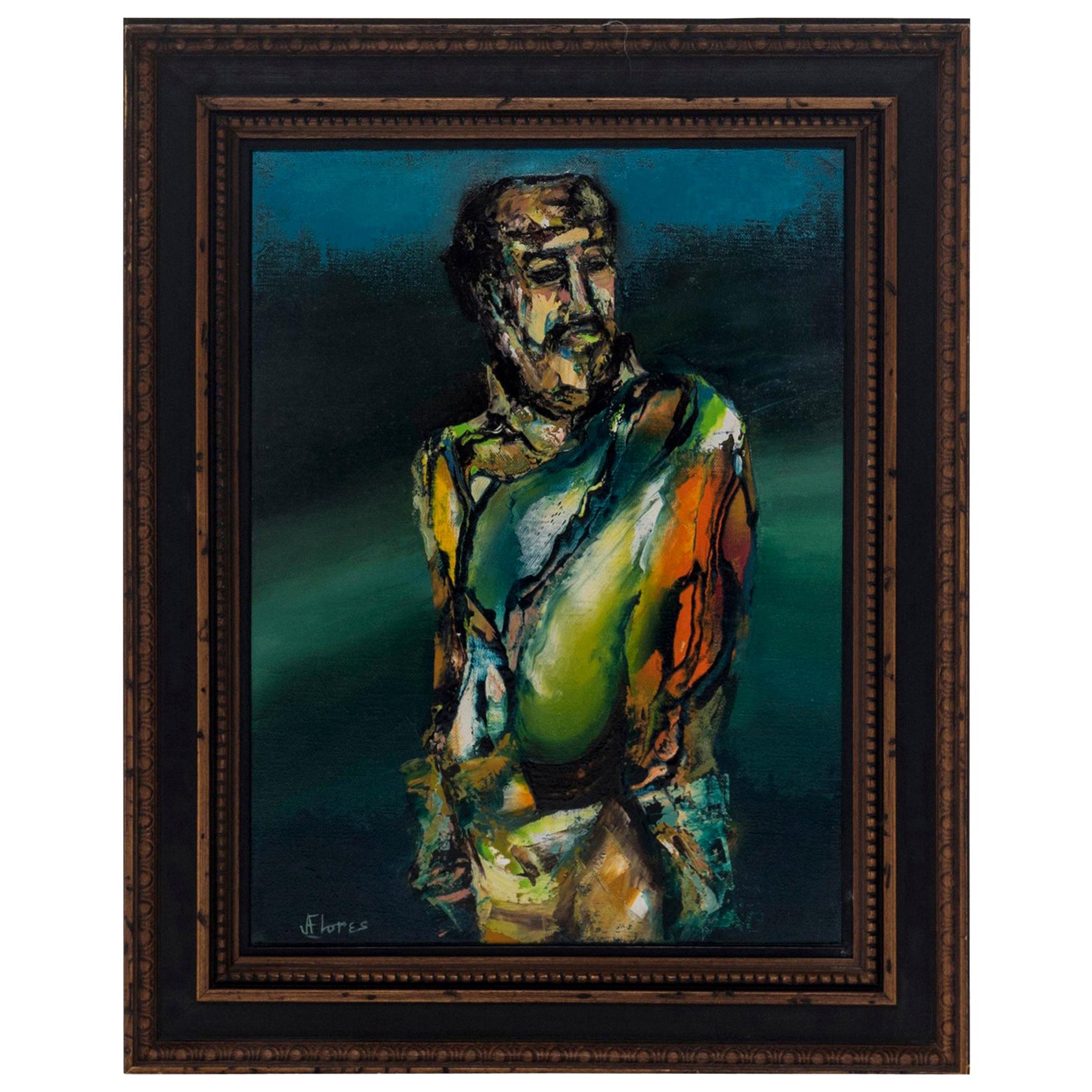 Figurative Oil Painting, Signed J. Flores For Sale