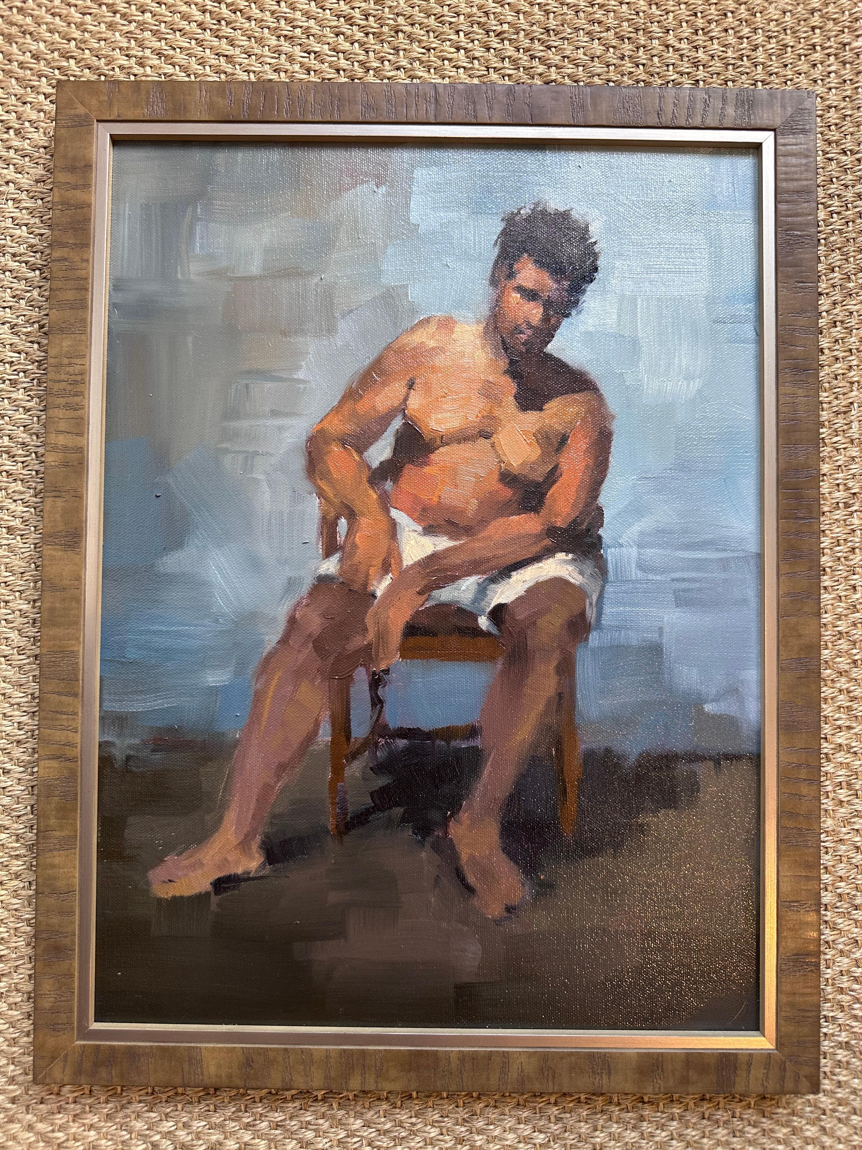 This painting is a contemporary figurative work featuring a seated male nude rendered in an expressive, gestural style.  The man is seated on a simple wooden chair, wearing only a white cloth or towel draped across his lap. His posture is relaxed