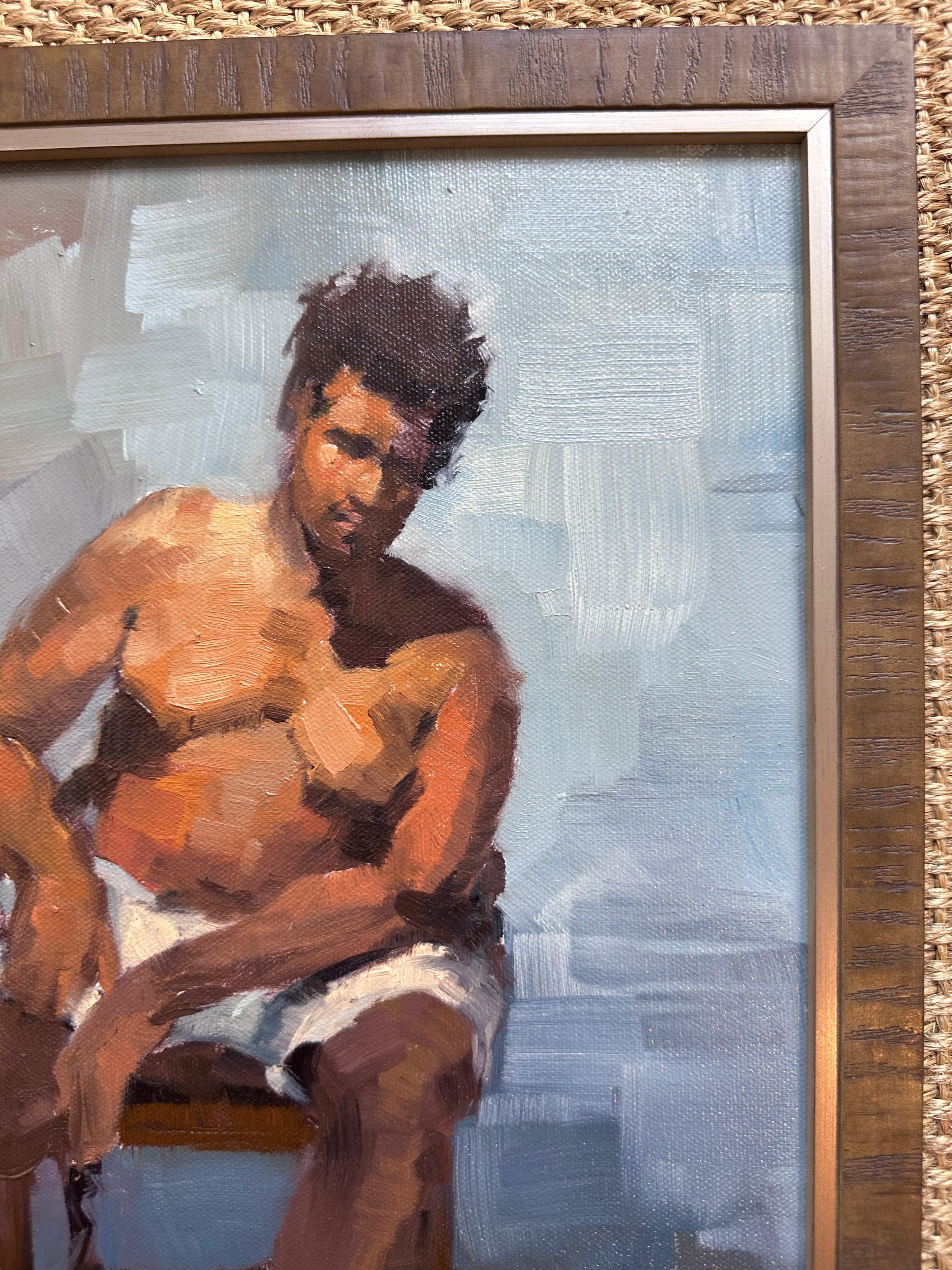 American Figurative Original Painting of Man Seated On Blue Background For Sale