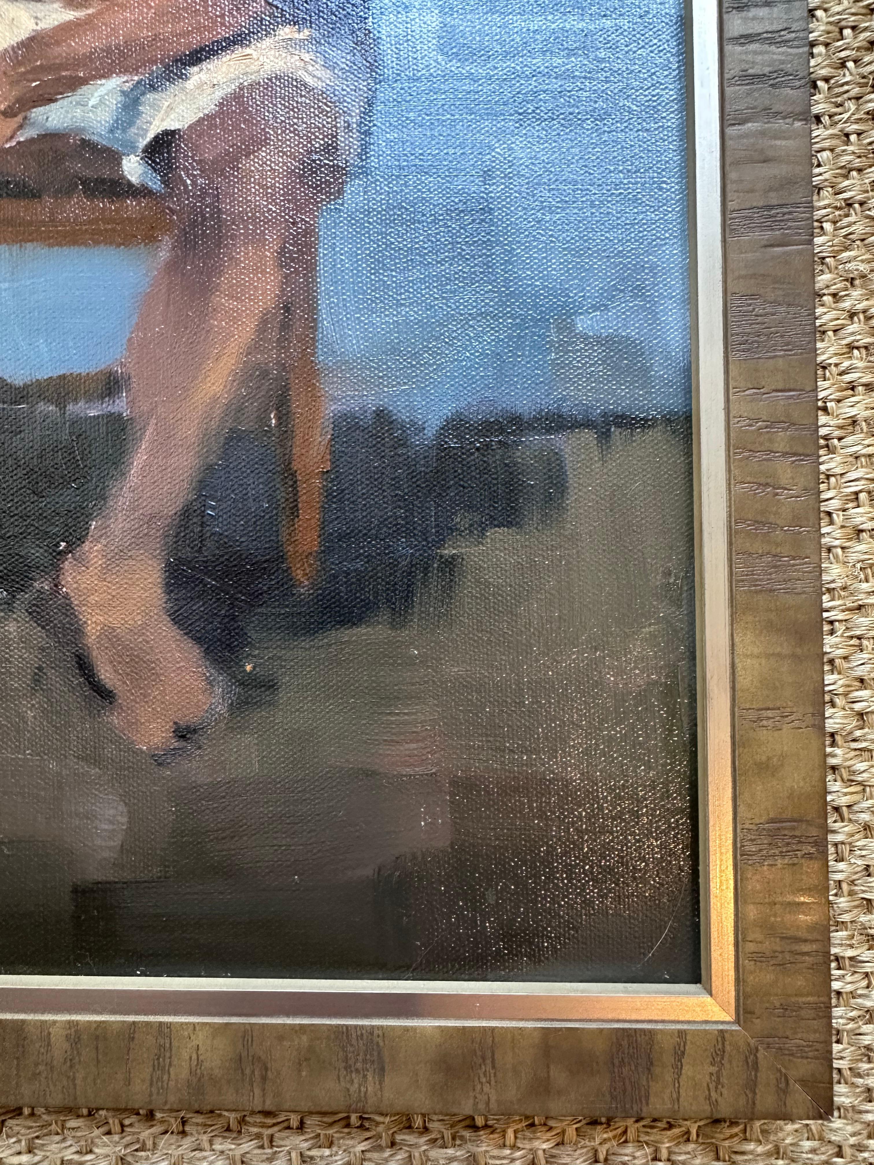 Figurative Original Painting of Man Seated On Blue Background In Excellent Condition For Sale In Baton Rouge, LA