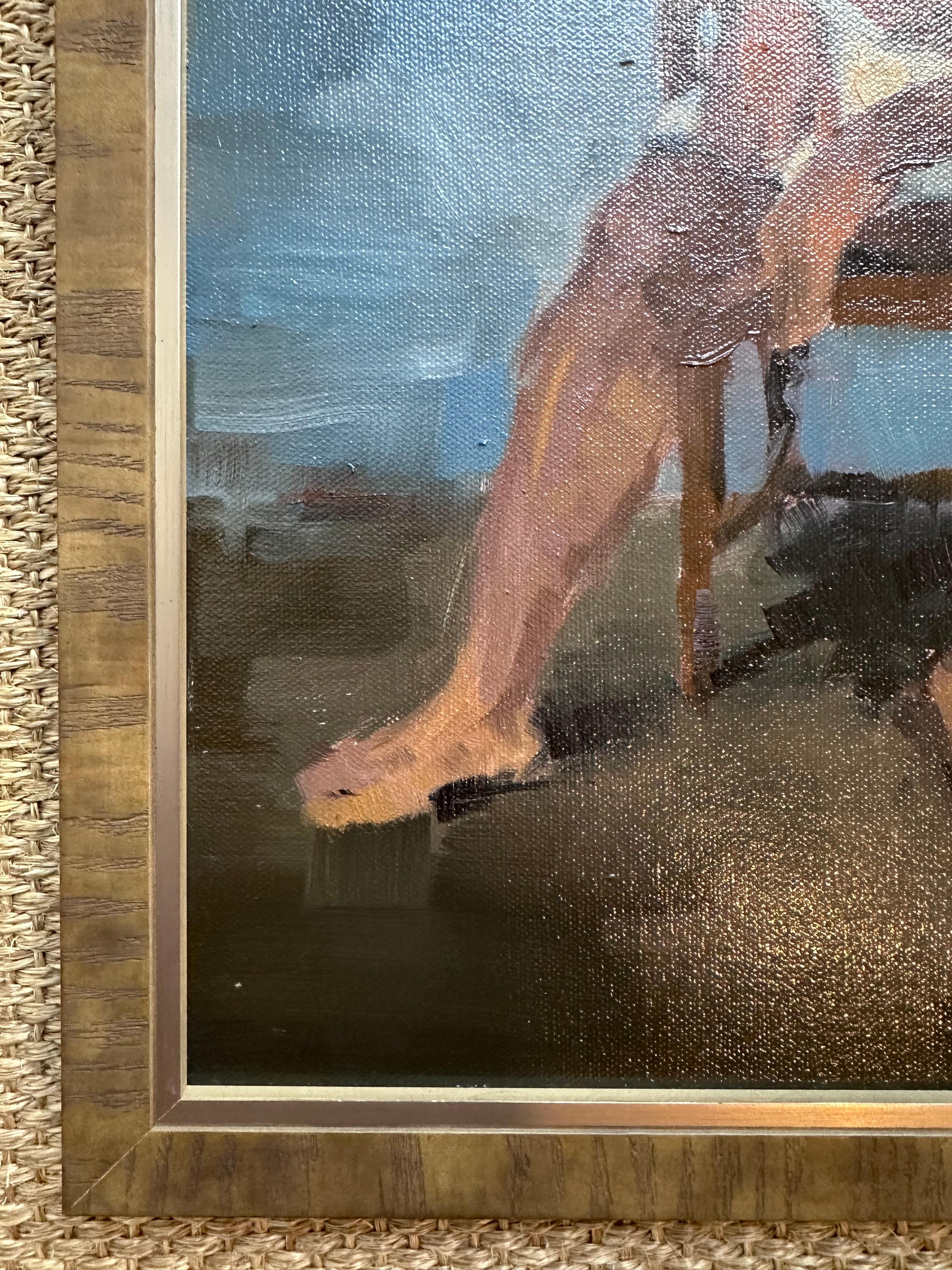 Contemporary Figurative Original Painting of Man Seated On Blue Background For Sale