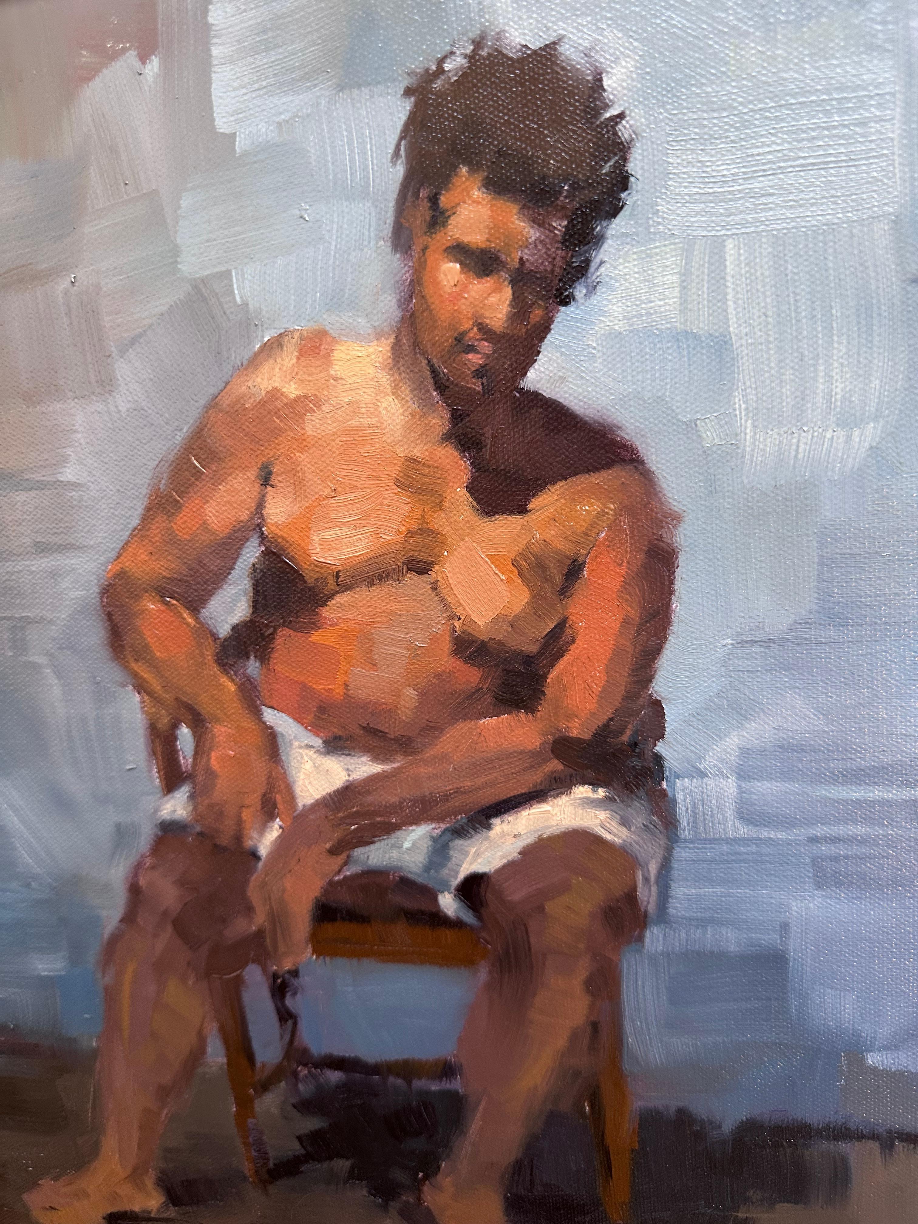 Figurative Original Painting of Man Seated On Blue Background For Sale 1