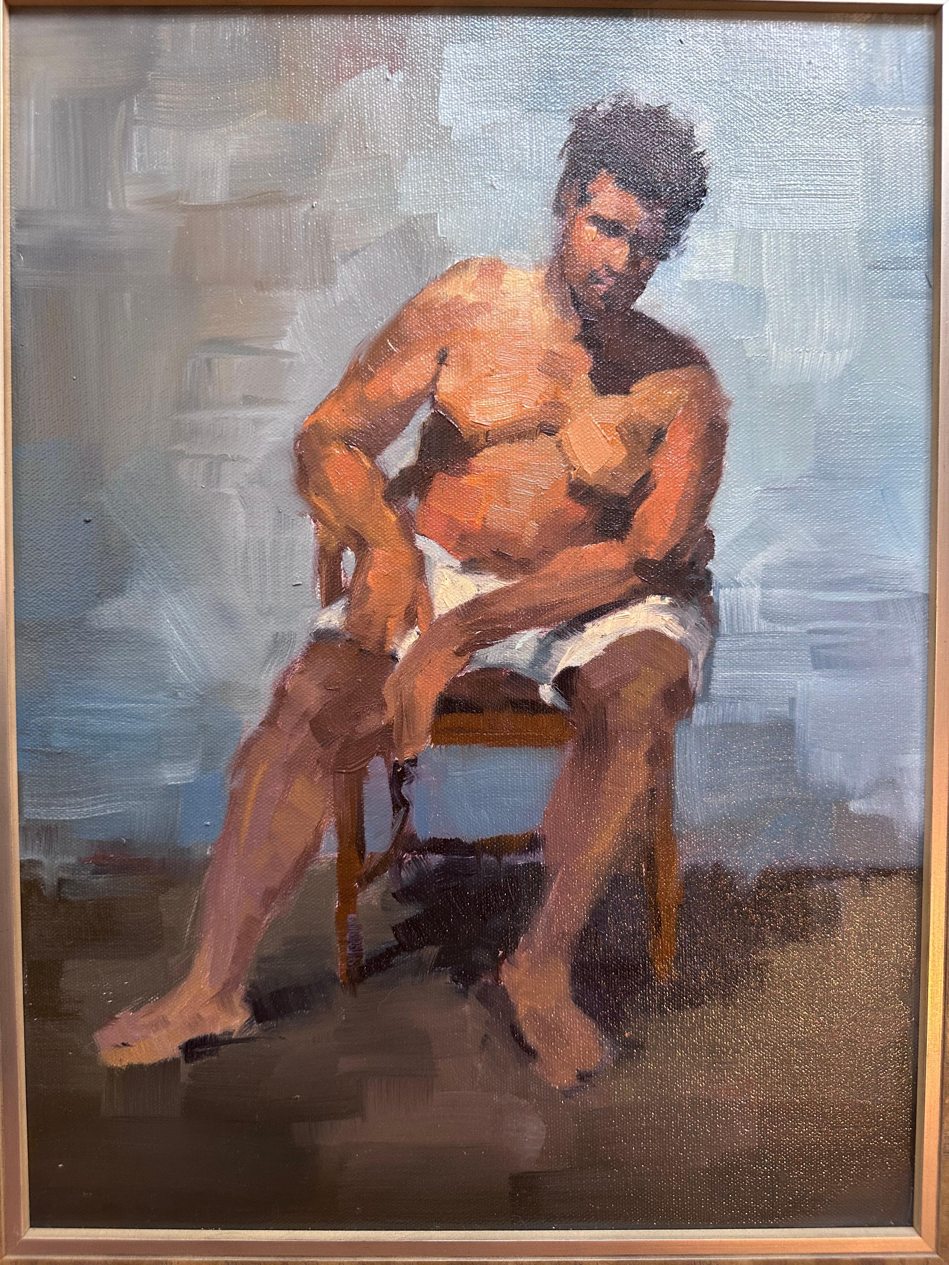Figurative Original Painting of Man Seated On Blue Background For Sale 3
