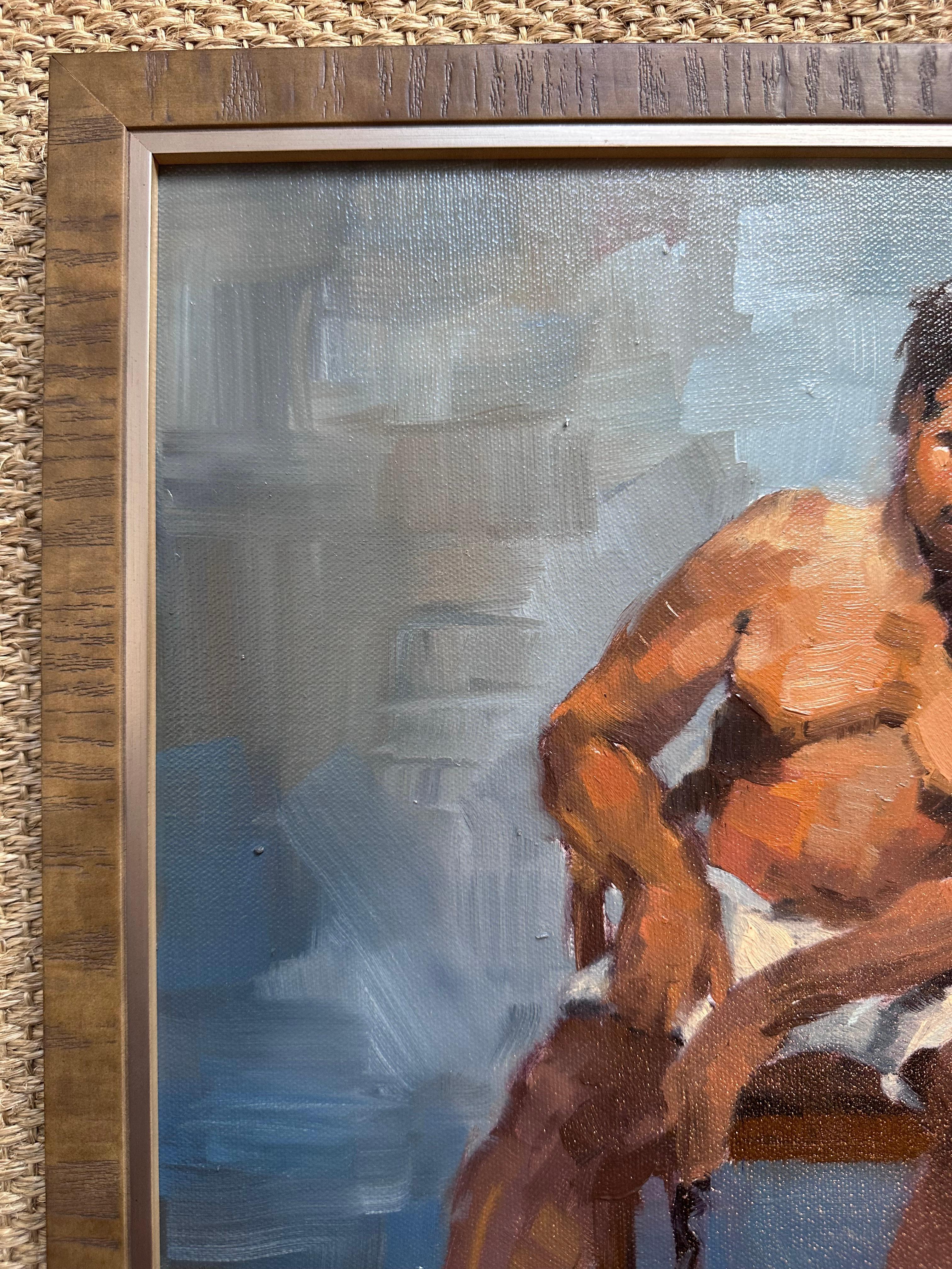 Figurative Original Painting of Man Seated On Blue Background For Sale 4
