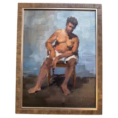 Figurative Original Painting of Man Seated On Blue Background