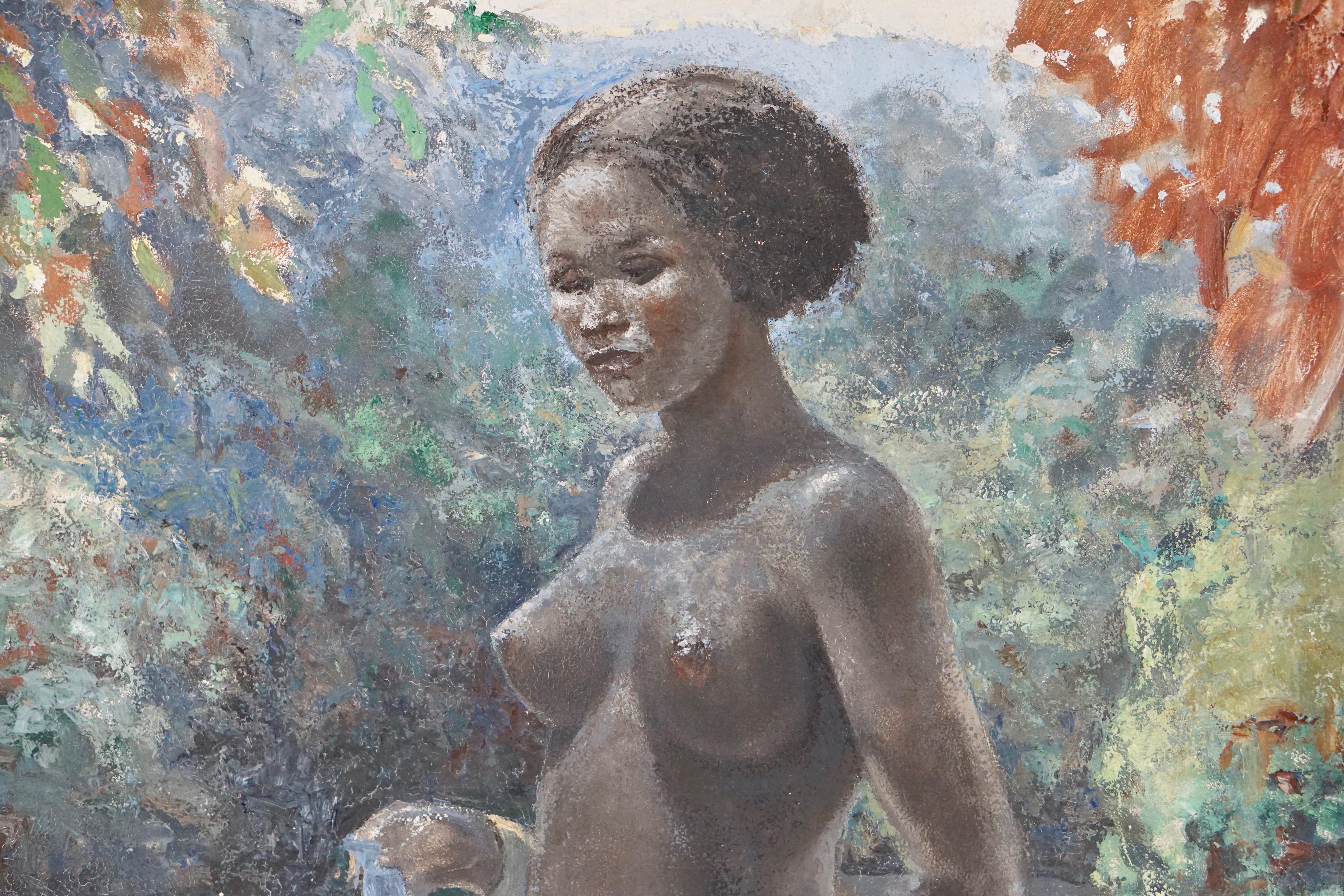 Peinture d'une femme africaine nue au Congo réalisée par le peintre néerlandais Rob Francken.
49 x 69 cm sans cadre, 61 x 81 x 4 pouces dans un cadre en bois peint en blanc.