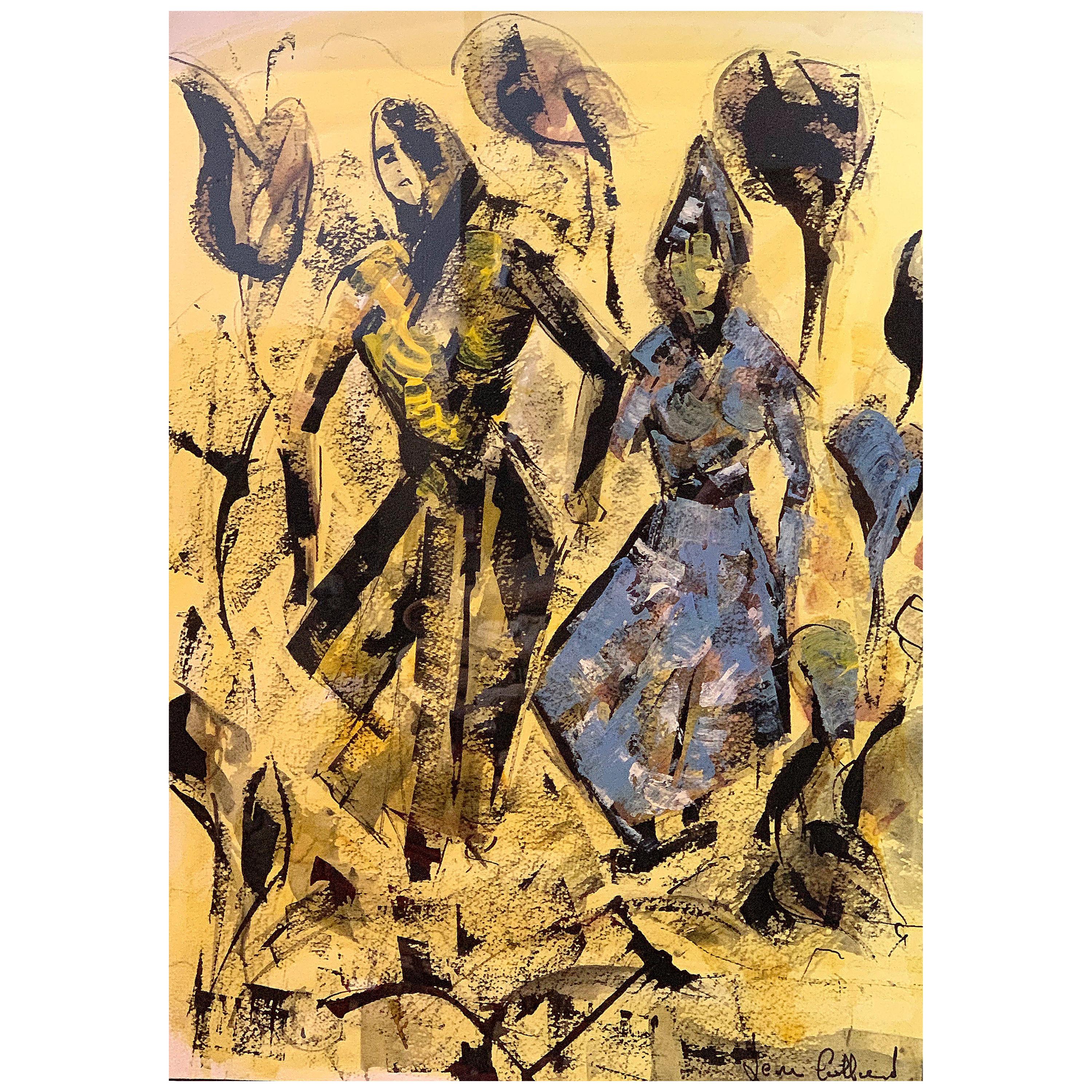 Figurative Painting on Yellow Paper by Leon Pierre Collard For Sale