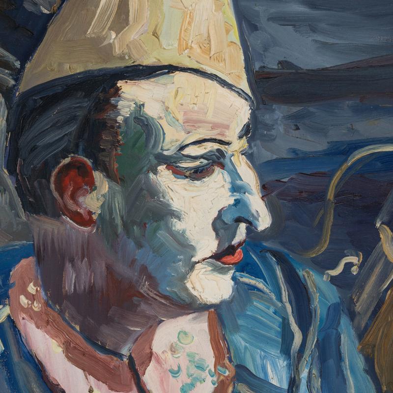 Delight in the charm and vibrancy of this captivating oil painting portraying a Pierrot clown. The endearing image captures the essence of a French clown, adorned in a white hat and a blue shirt. The iconic white-painted face conveys the subtle