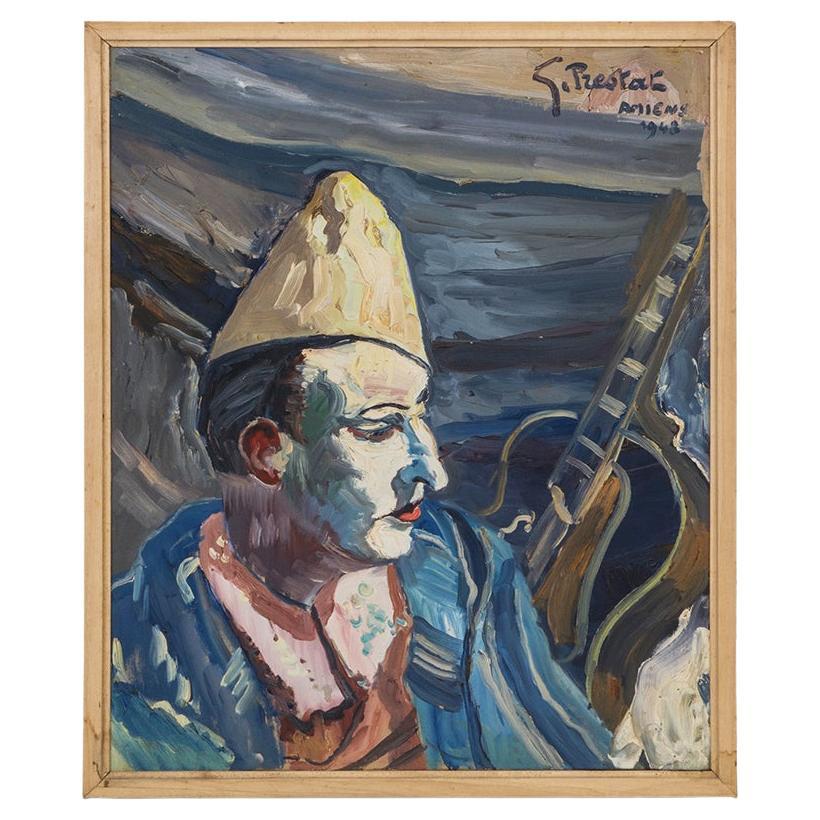 Figurative Pierrot Clown Oil Painting by Georges Prestat, 1948 For Sale