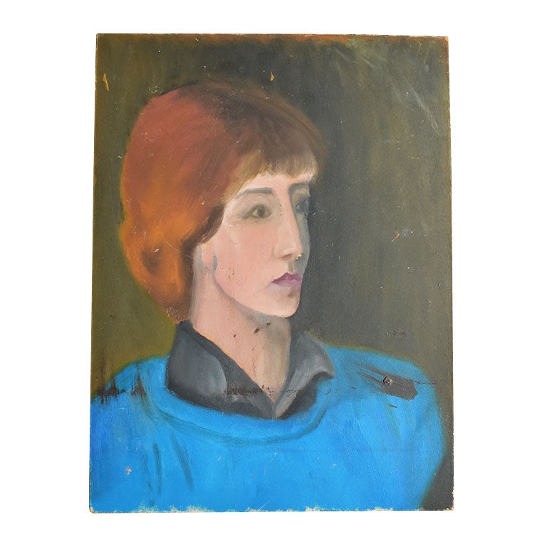 Nature morte figurative - Peinture d'une femme en bleu - Clair Seglem  en vente