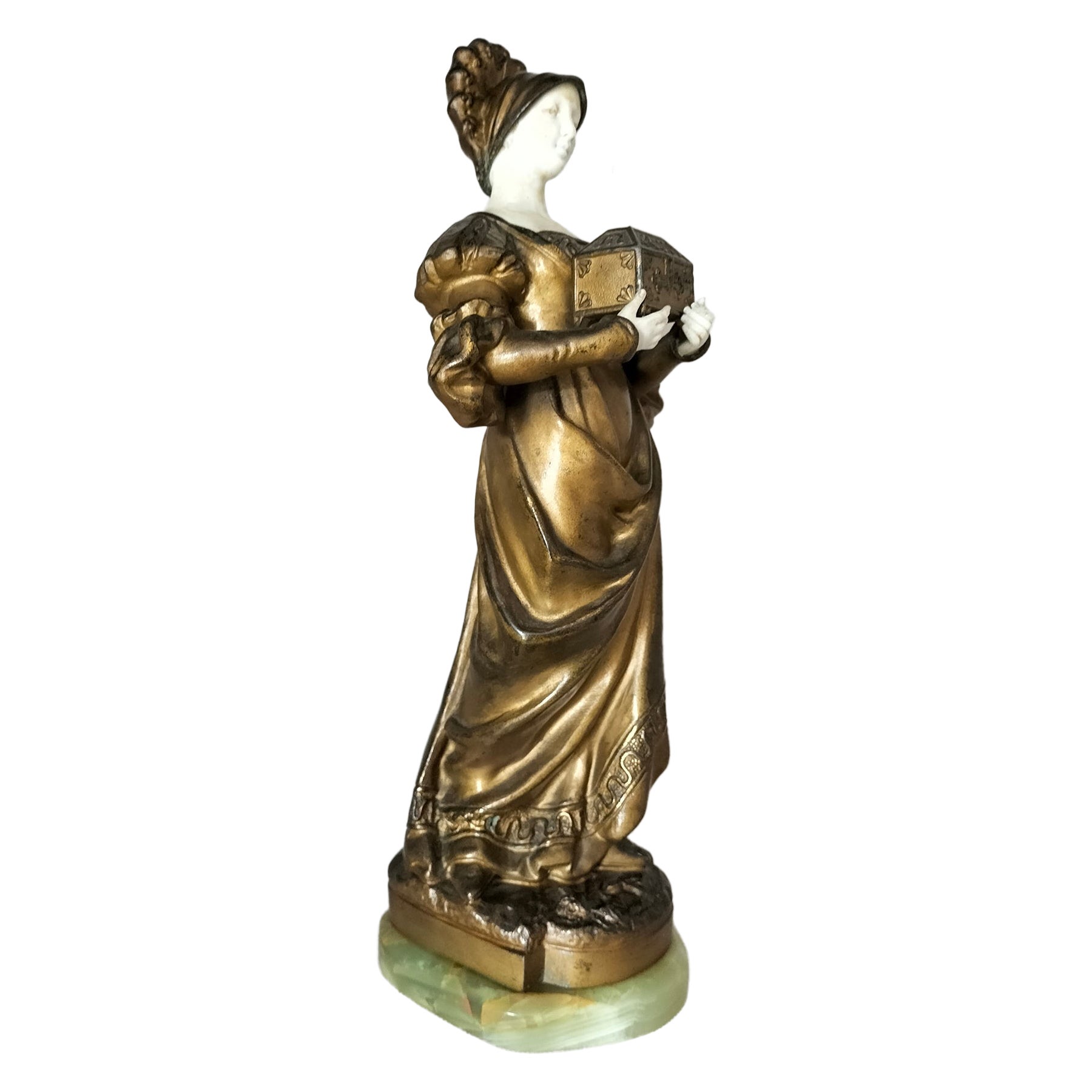 Figurative Sculpture in Calamine and Biscuit, Art Nouveau signed G. Omerth.