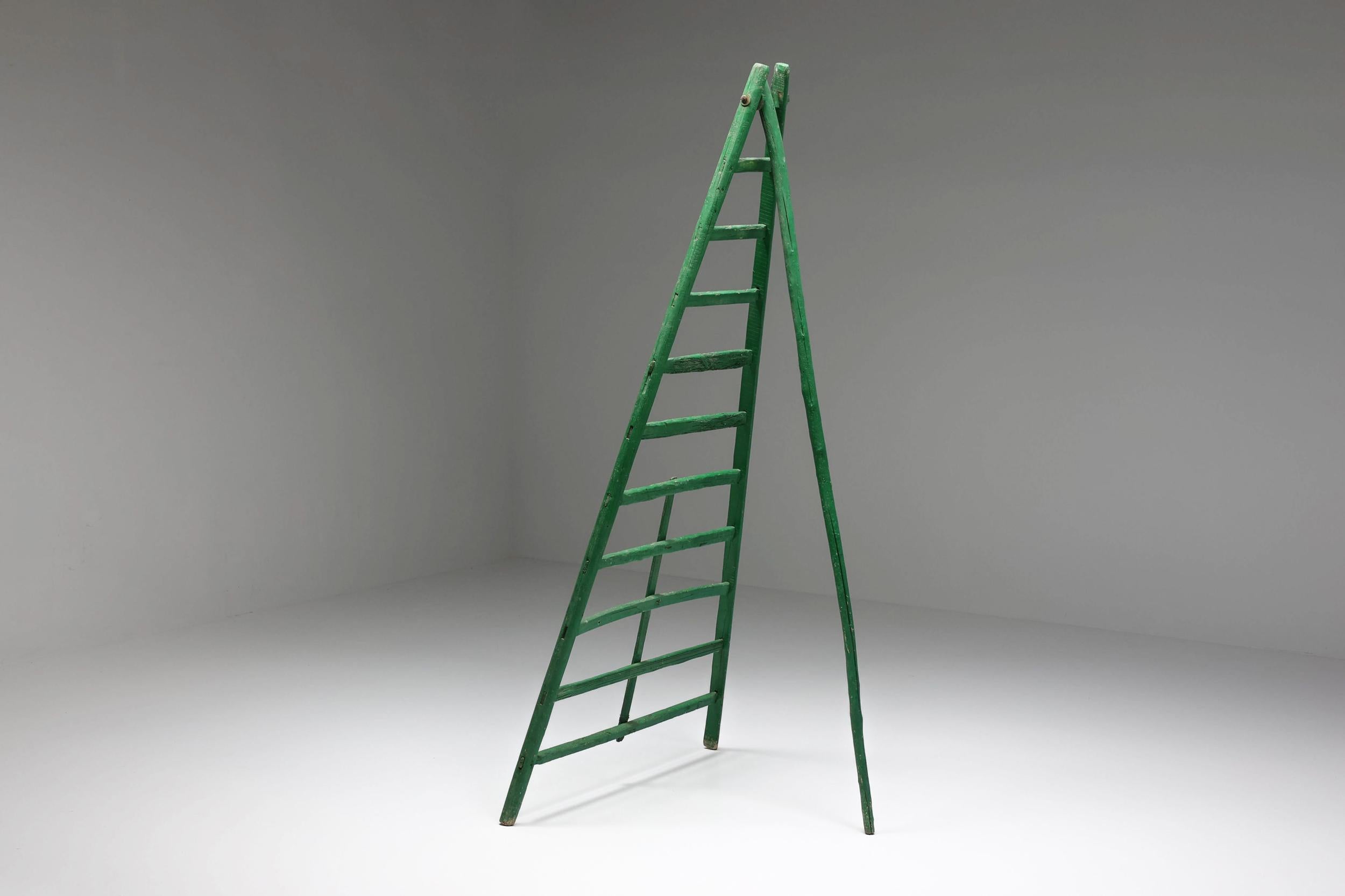 French Figurative Sculpture, Objet Trouvé Green Fruit Picking Ladder, Rustic, 1890's