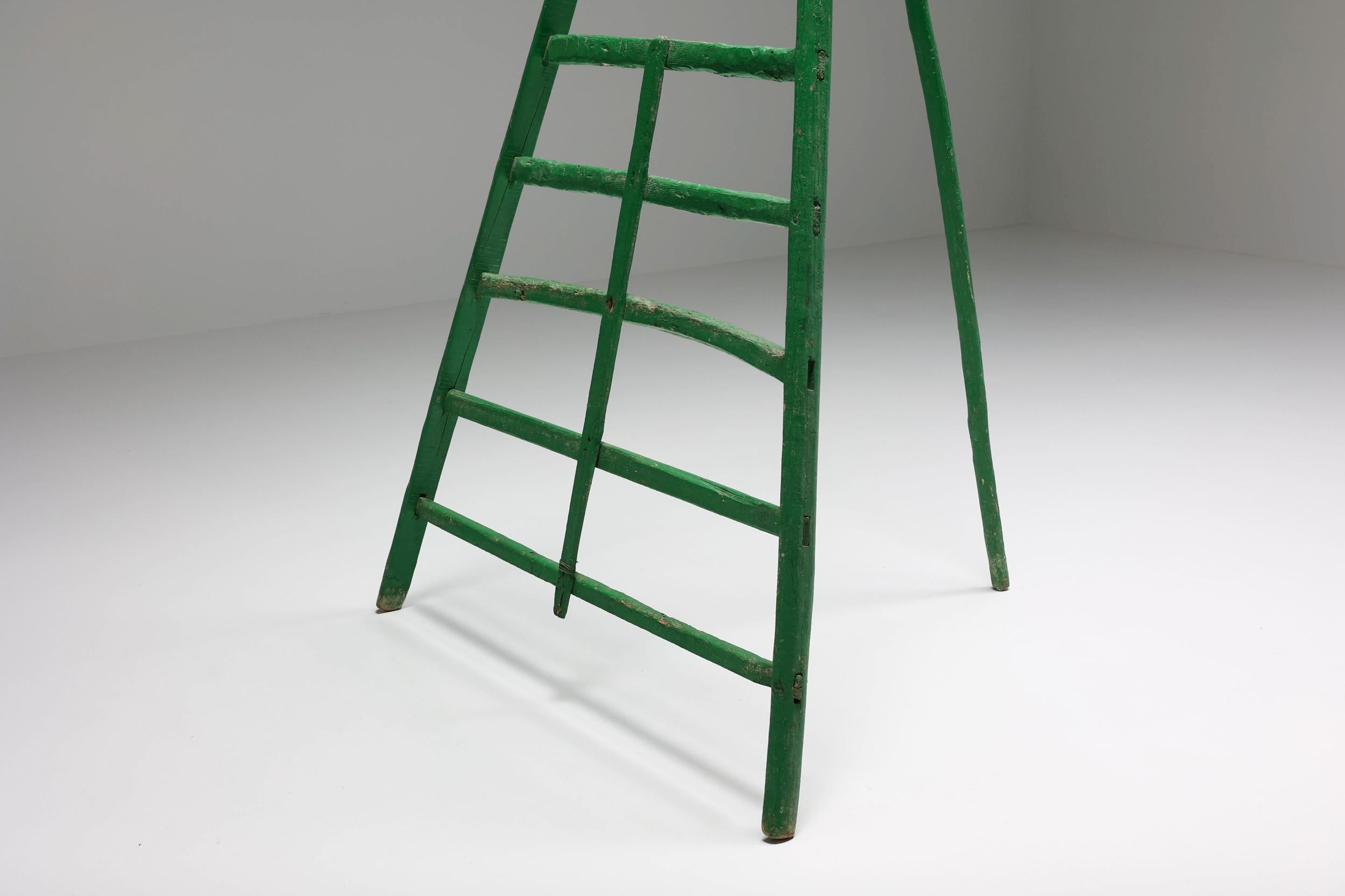 Wood Figurative Sculpture, Objet Trouvé Green Fruit Picking Ladder, Rustic, 1890's