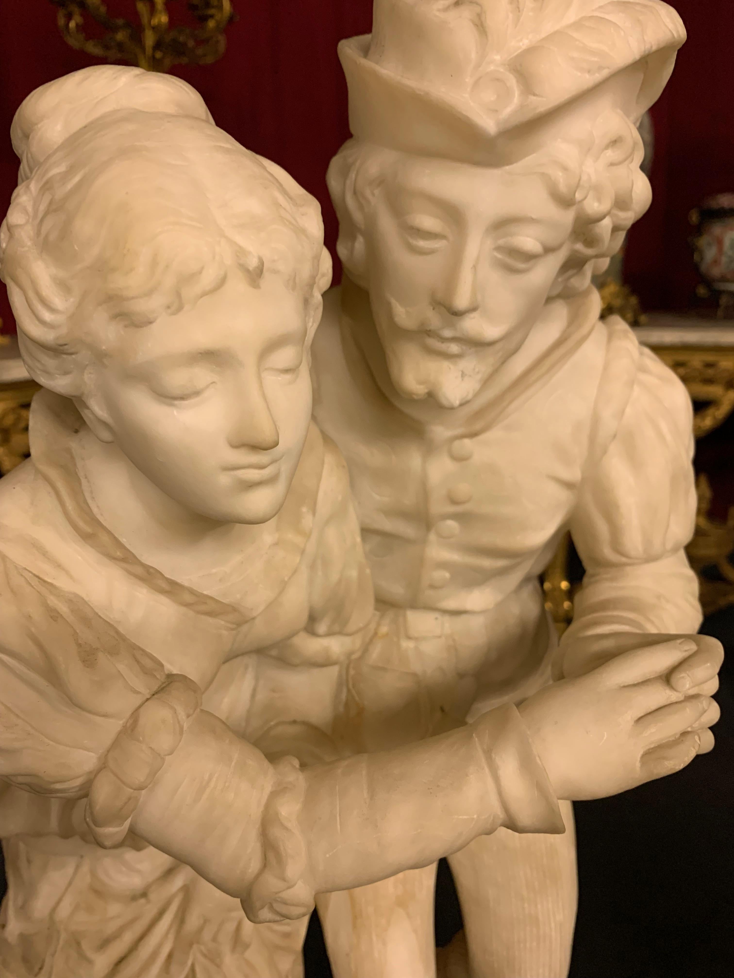 French Figurative sculptures renaissances couple in alabaster For Sale