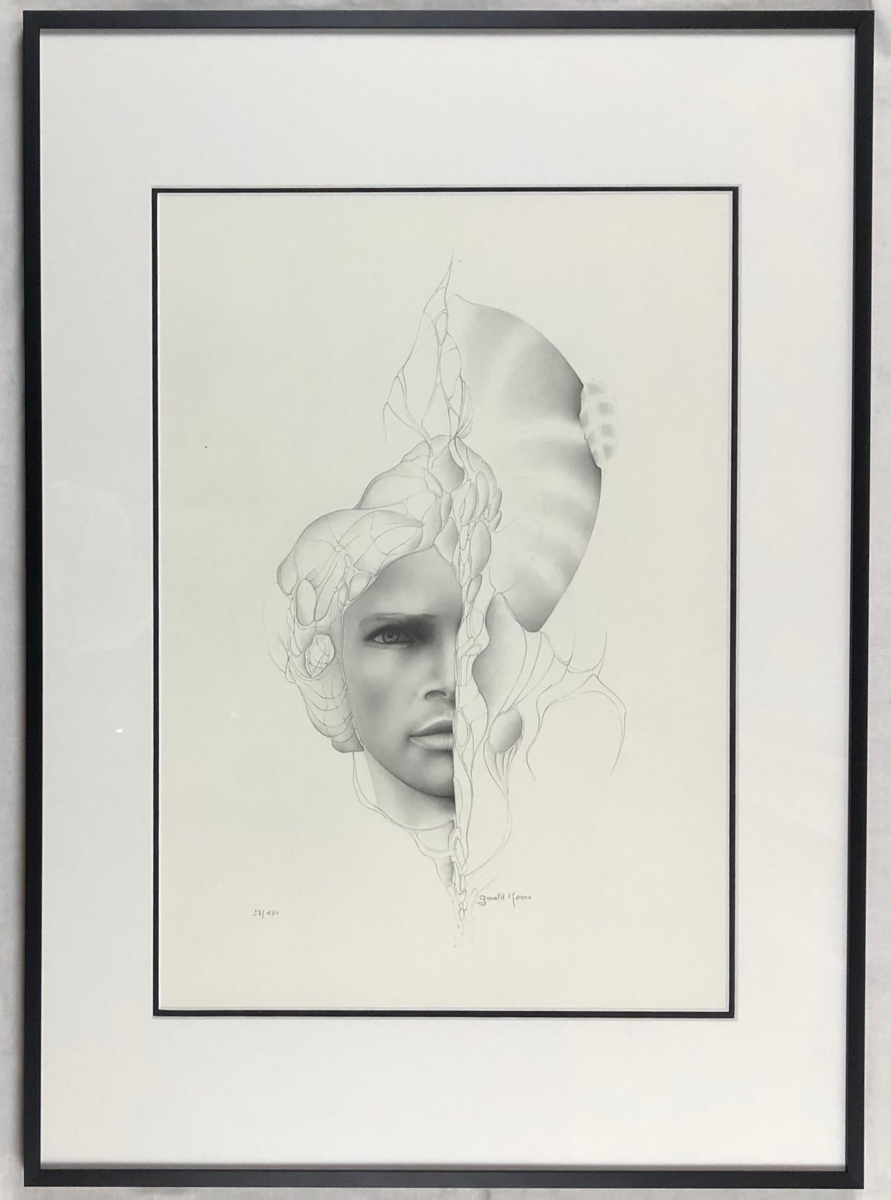 Litografía surrealista en blanco y negro inspirada en Dalí por Gerald Moreno, firmada Papel en venta