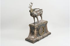 Figurative Table Clock with Stag Engraving and Date, Silver Plated 1H52