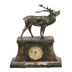 Figurative Table Clock with Stag Engraving and Date, Silver Plated 1H52