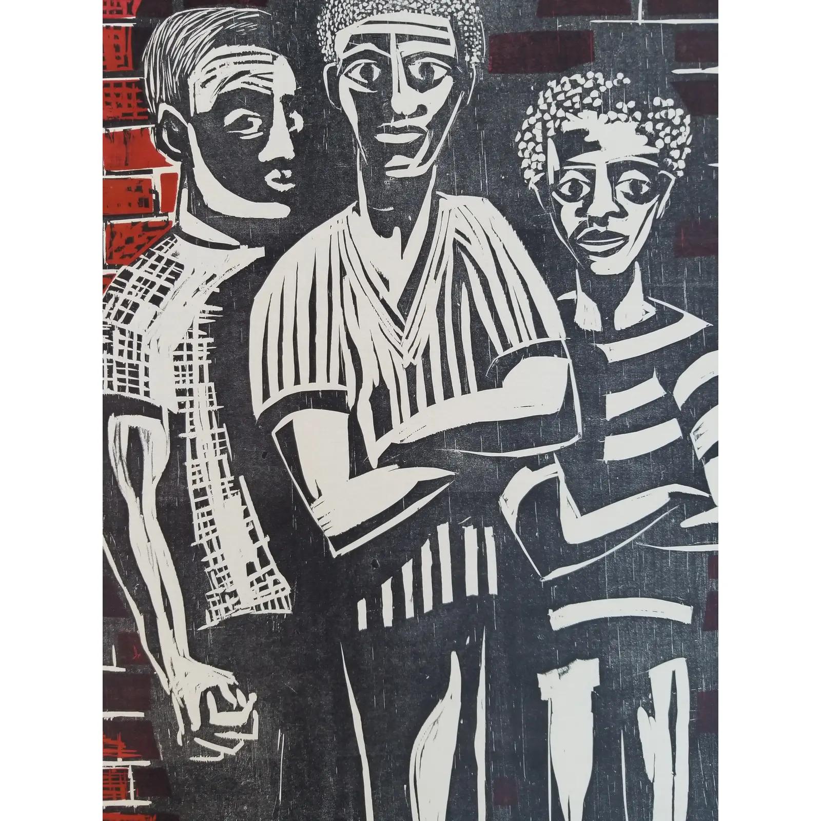 Saisissante et grande gravure sur bois d'Herman Roderick Volz. (1904-1990) Trois personnages debout. Signé au crayon et numéroté 13/35. L'image seule mesure 29,75