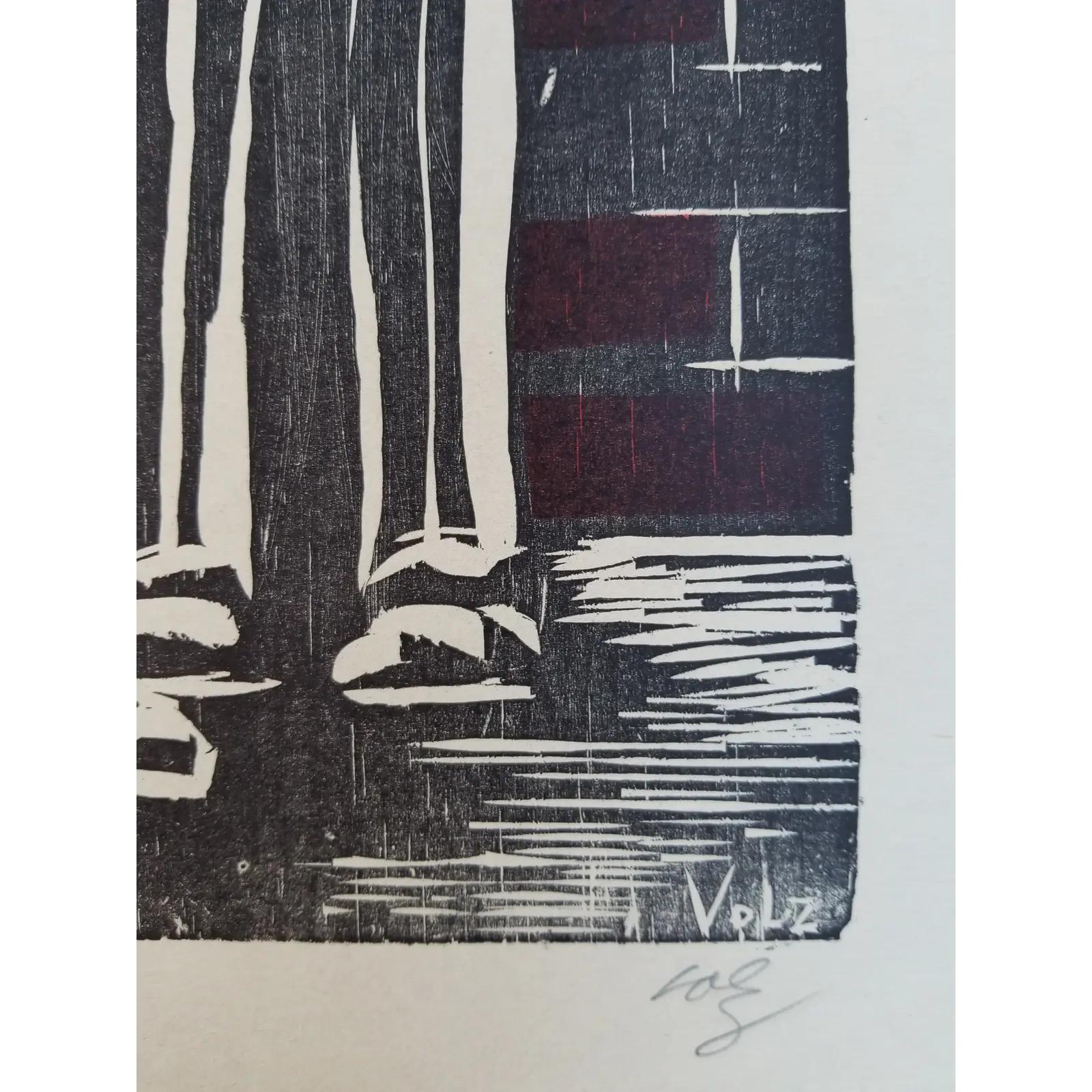 Expressionist Figurative Woodblock by Herman Roderick Volz For Sale