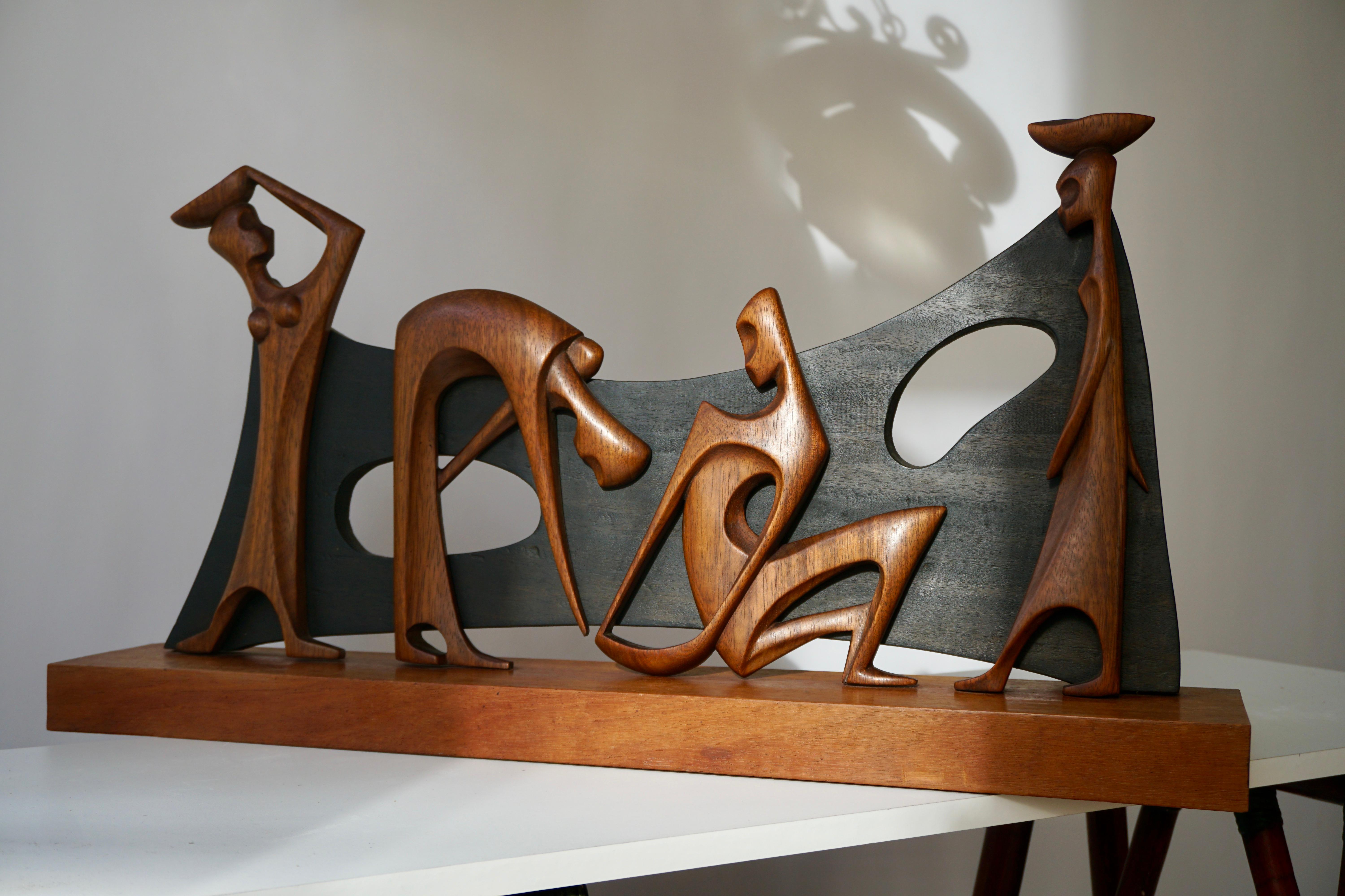 Mid-Century Modern Figurative Wooden Sculpture by F Tamba For Sale