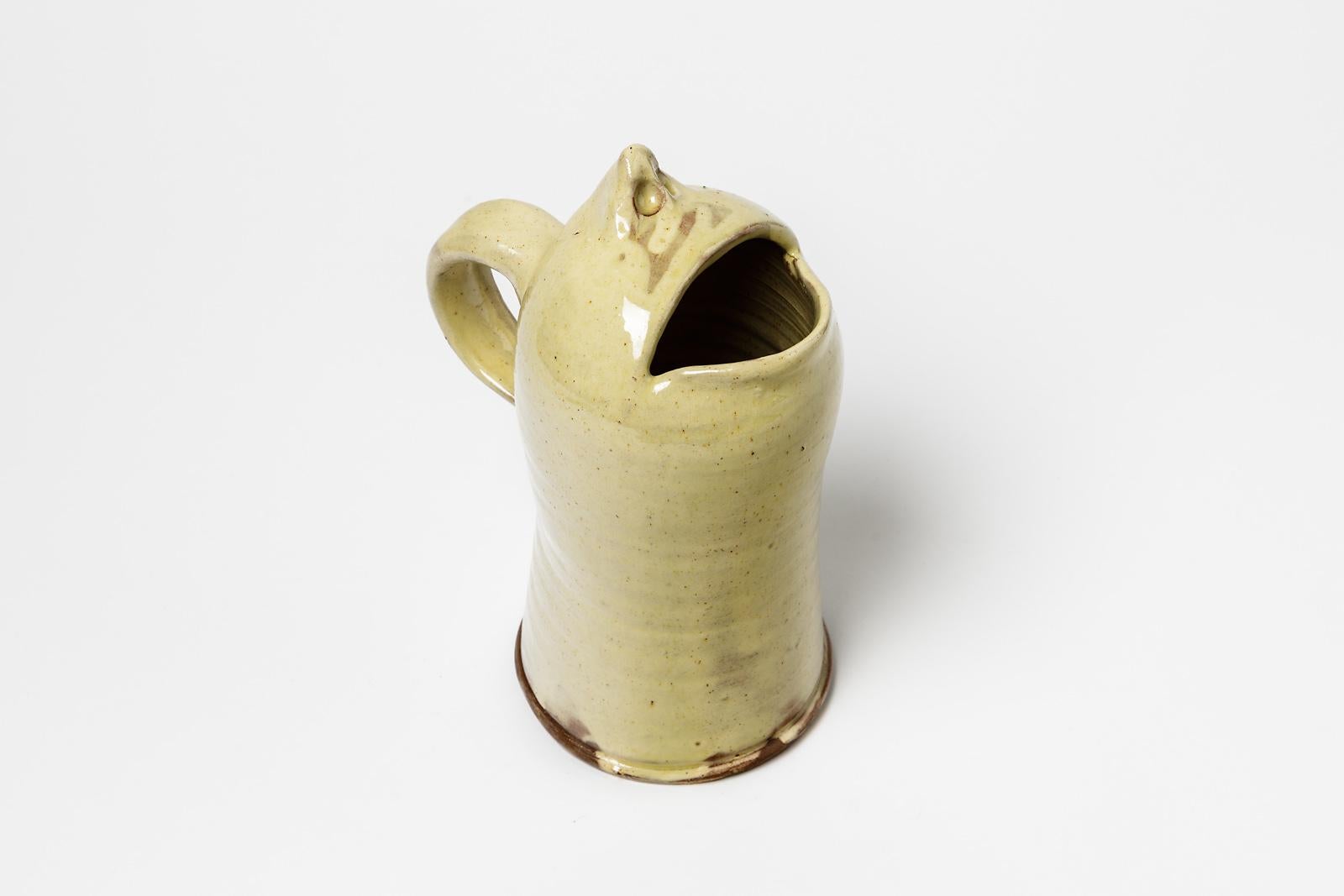 Modern Figurative Yellow Ceramic Pitcher by JJ Dubernard French Pottery For Sale