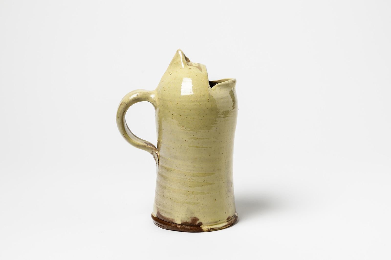 Figurative Yellow Ceramic Pitcher by JJ Dubernard French Pottery For Sale 2